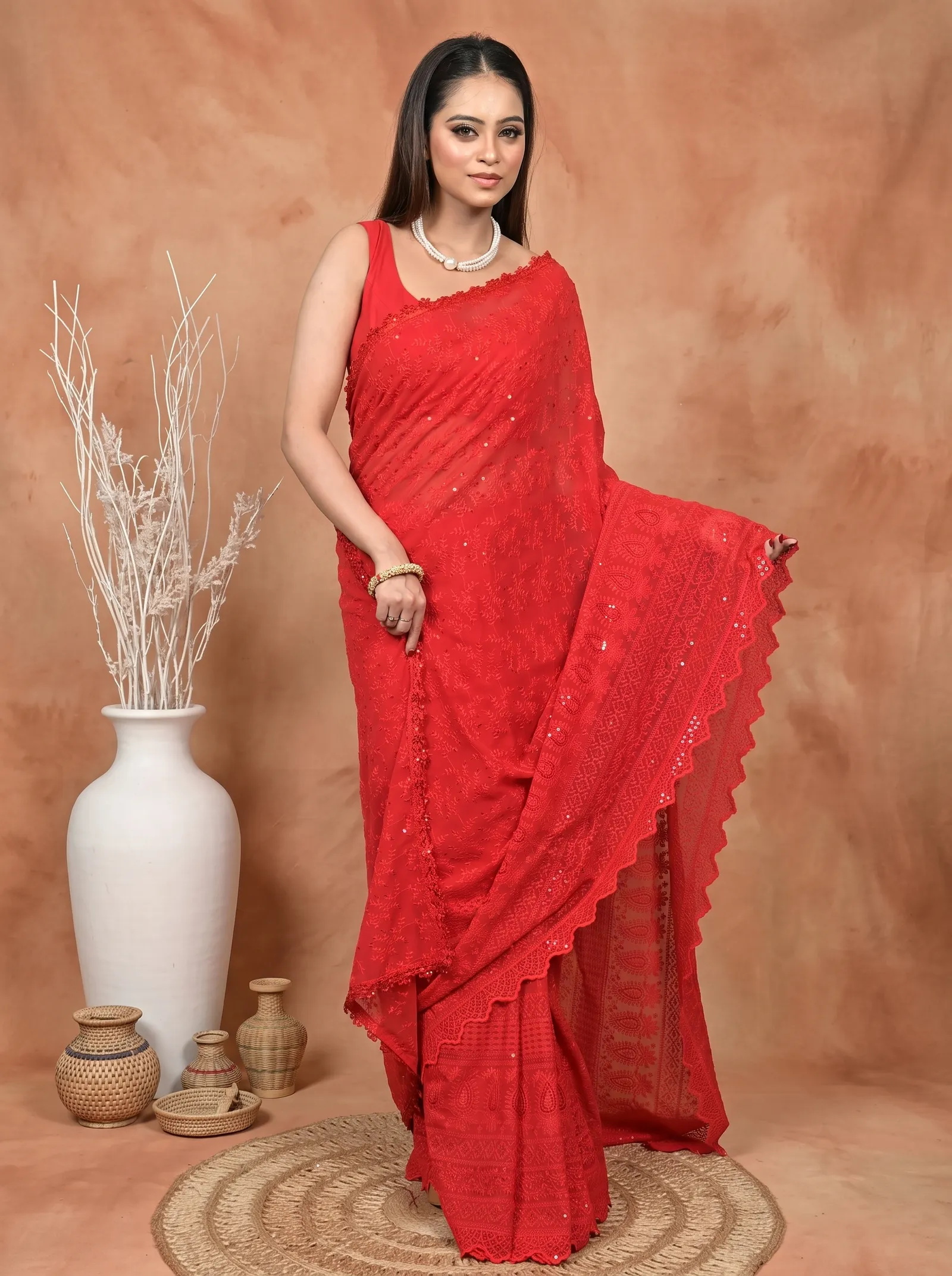 DipDiya Cotton Chikankari  Traditional Bengali Red Artisan Crafted Parmon Chikankari Saree