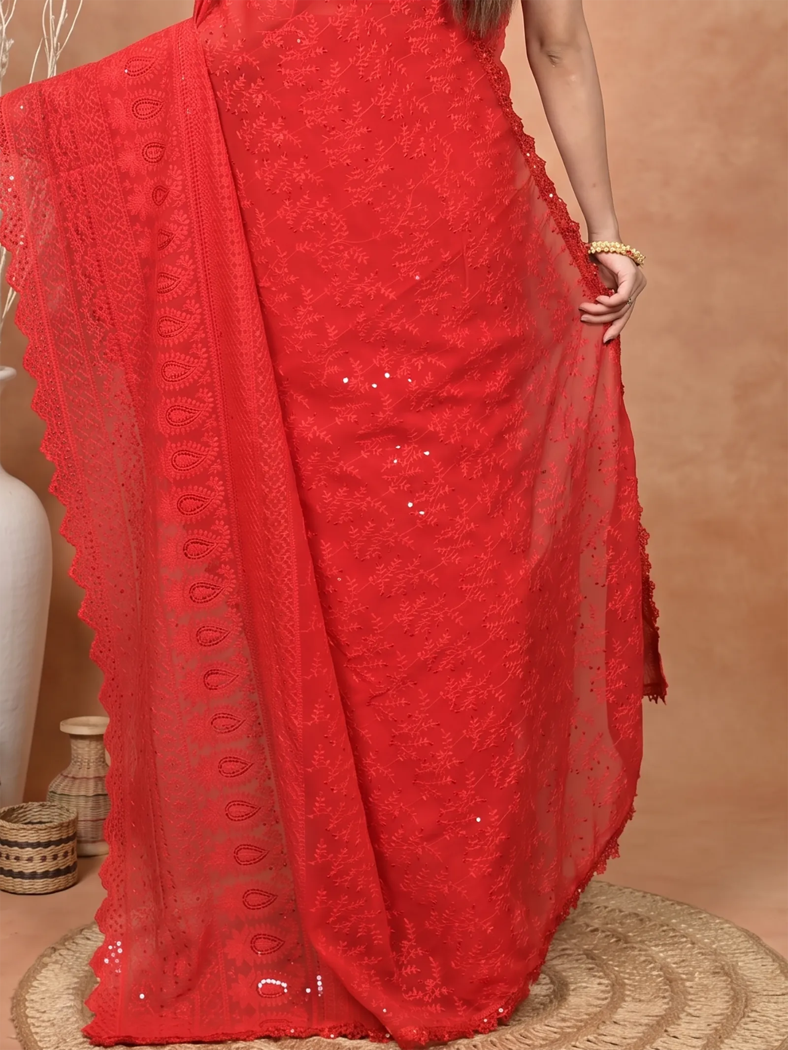 DipDiya Cotton Chikankari  Traditional Bengali Red Artisan Crafted Parmon Chikankari Saree