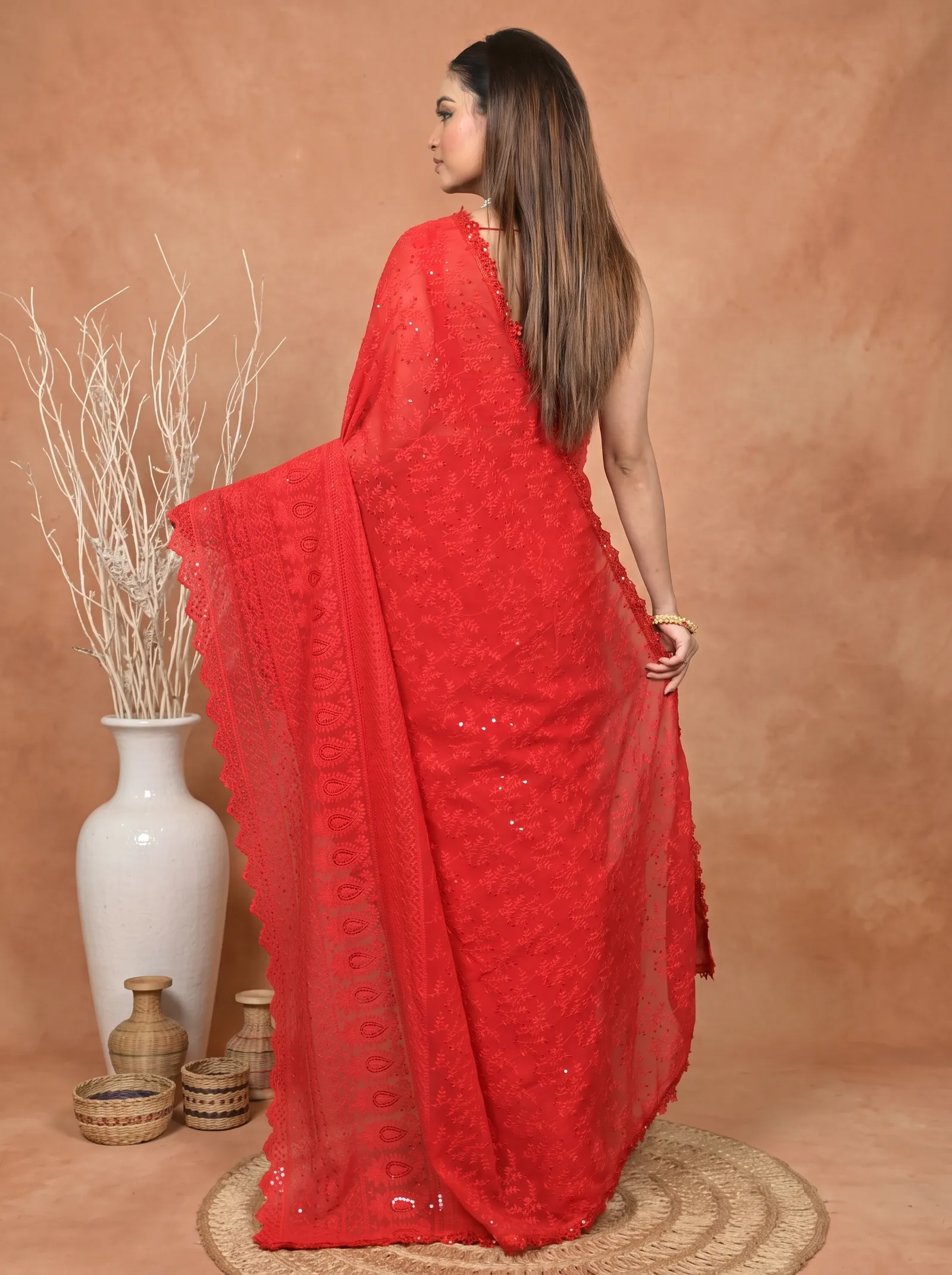DipDiya Cotton Chikankari  Traditional Bengali Red Artisan Crafted Parmon Chikankari Saree