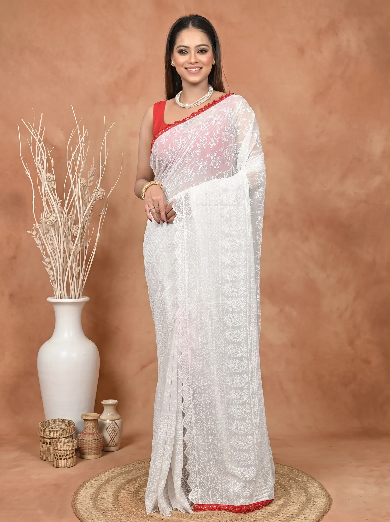 DipDiya Cotton Chikankari  Traditional Bengali White Artisan Crafted Parmon Chikankari Saree