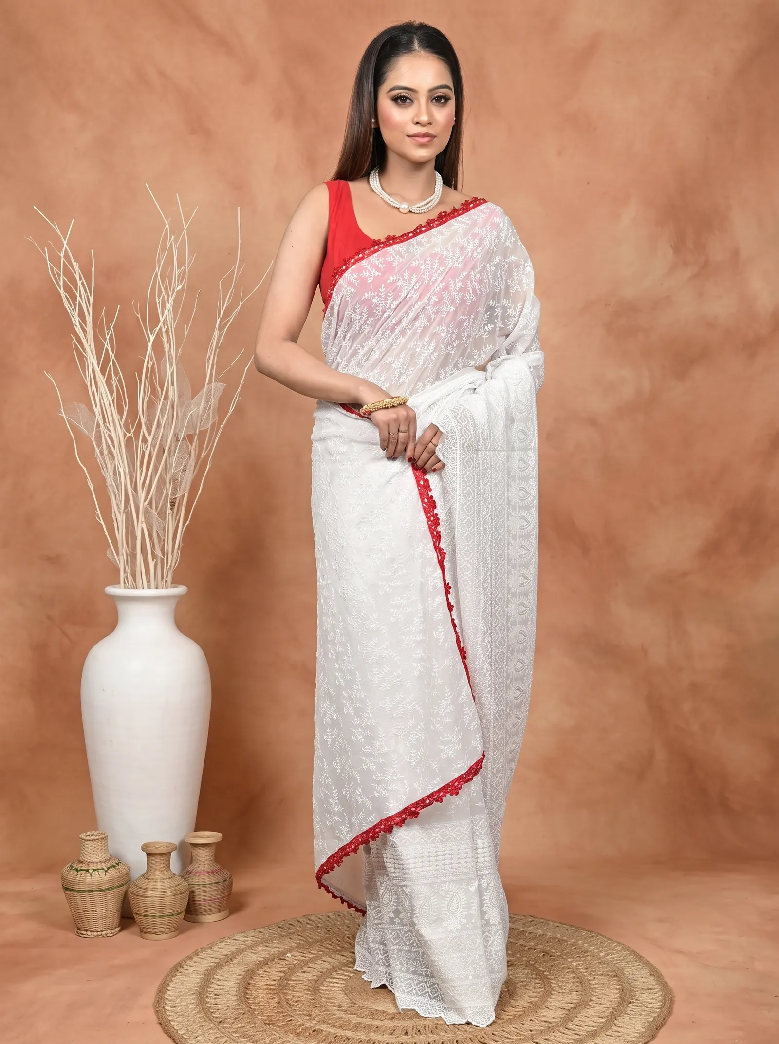DipDiya Cotton Chikankari  Traditional Bengali White Artisan Crafted Parmon Chikankari Saree