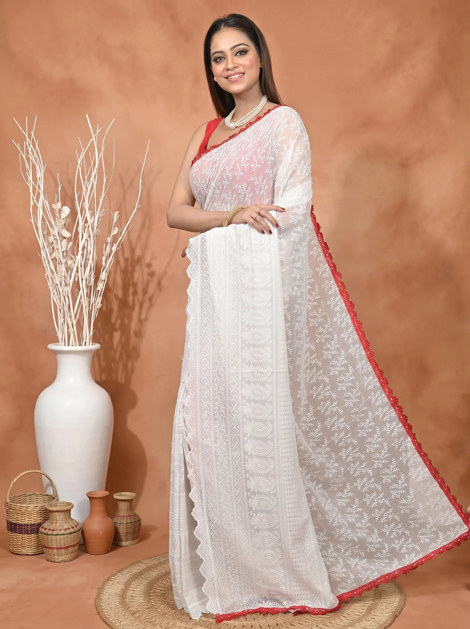 DipDiya Cotton Chikankari  Traditional Bengali White Artisan Crafted Parmon Chikankari Saree