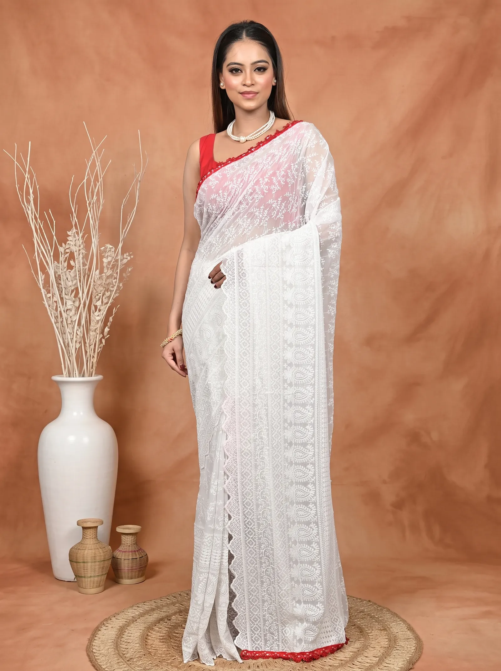 DipDiya Cotton Chikankari  Traditional Bengali White Artisan Crafted Parmon Chikankari Saree