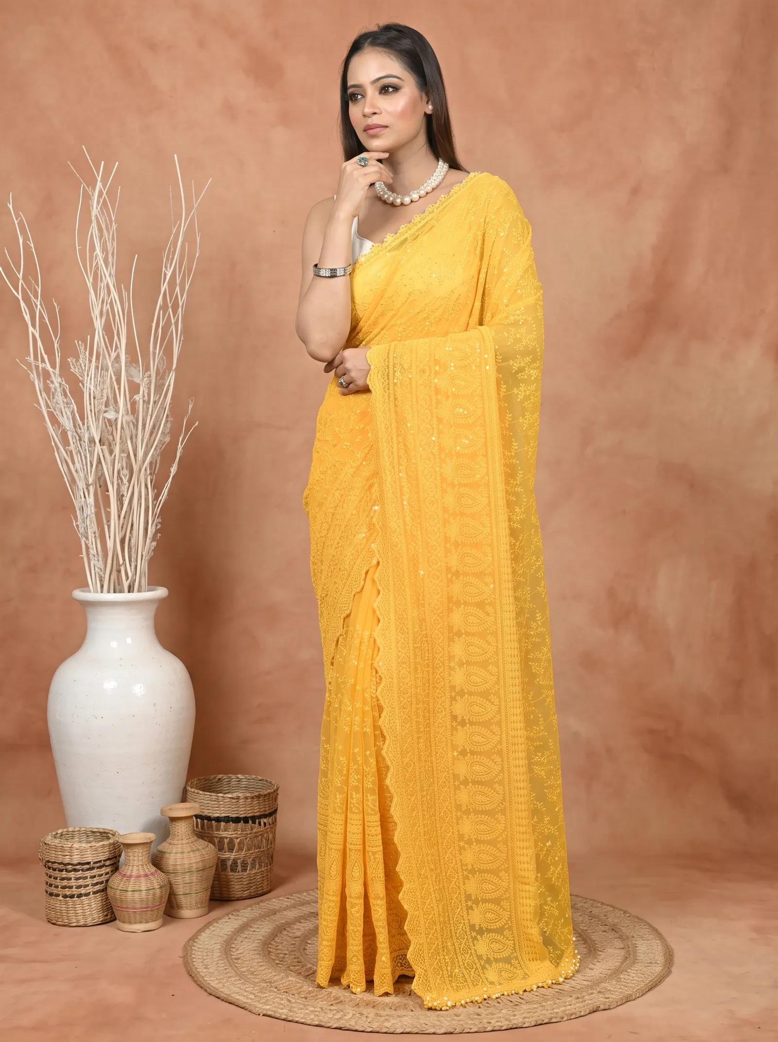 DipDiya Cotton Chikankari  Traditional Bengali Yellow Artisan Crafted Parmon Chikankari Saree