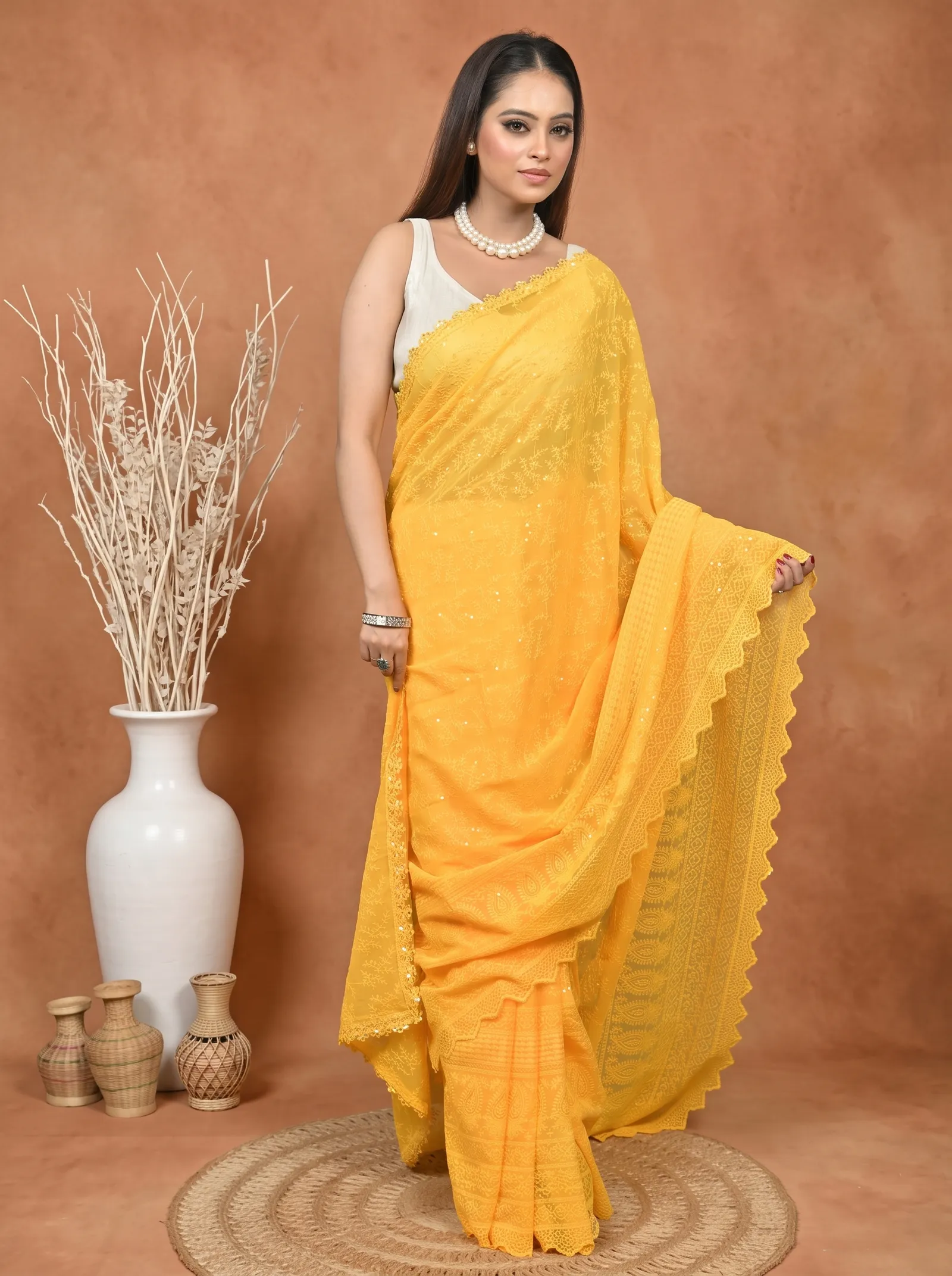 DipDiya Cotton Chikankari  Traditional Bengali Yellow Artisan Crafted Parmon Chikankari Saree