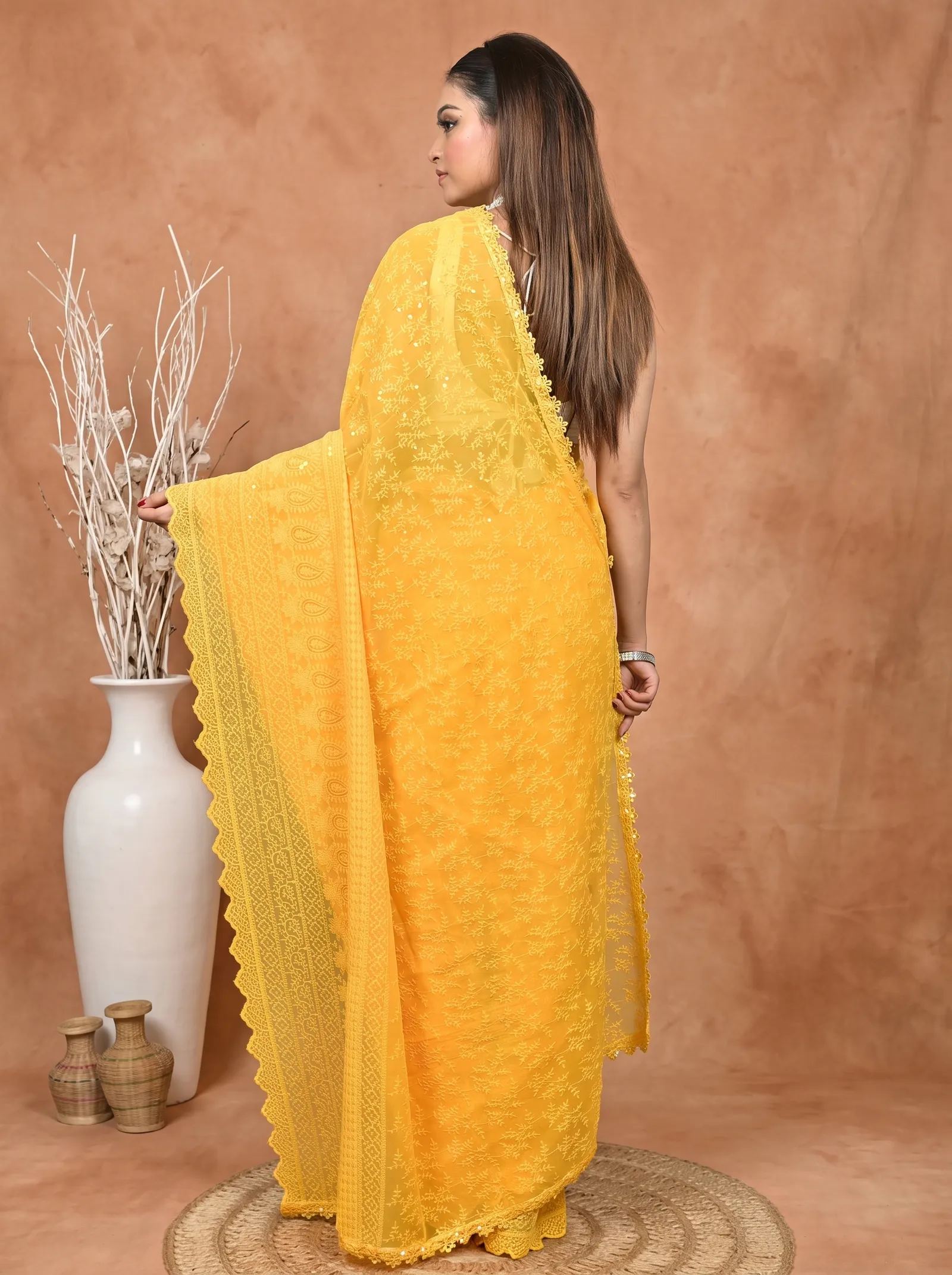 DipDiya Cotton Chikankari  Traditional Bengali Yellow Artisan Crafted Parmon Chikankari Saree
