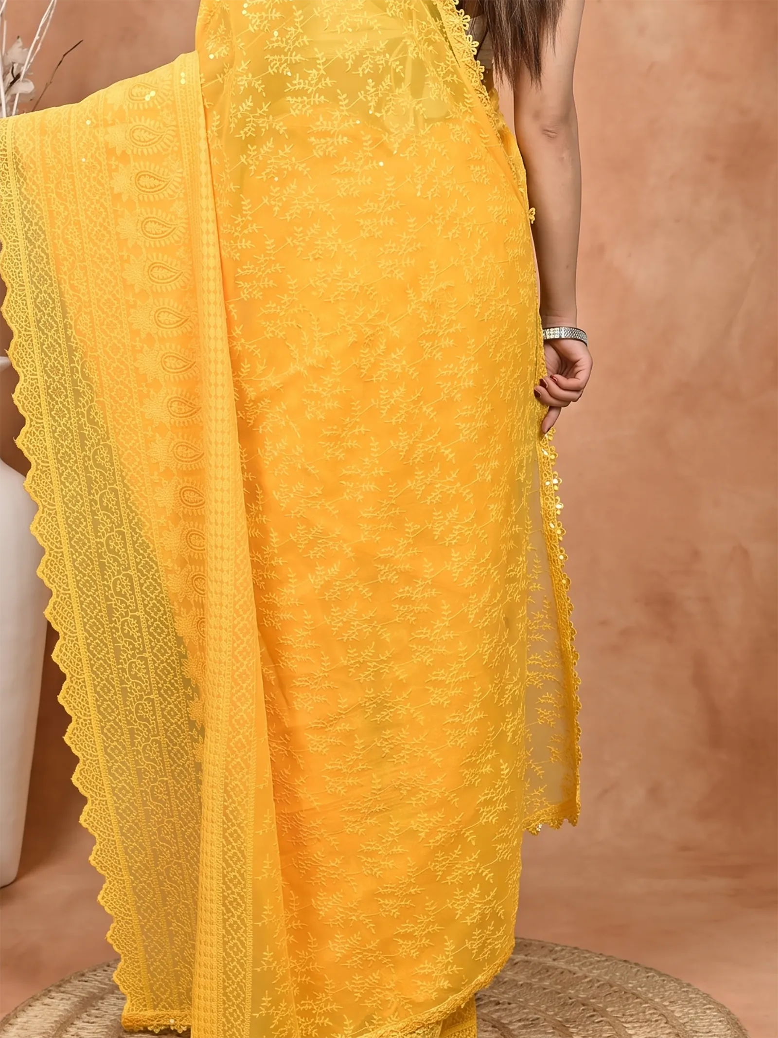 DipDiya Cotton Chikankari  Traditional Bengali Yellow Artisan Crafted Parmon Chikankari Saree