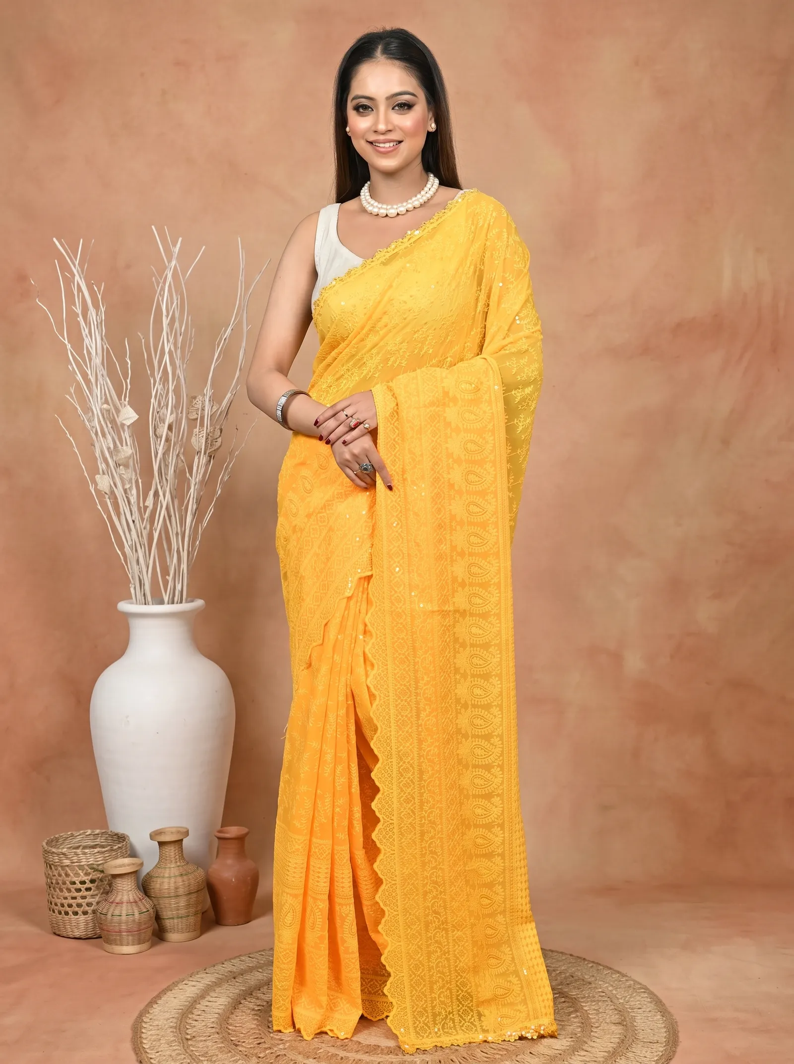 DipDiya Cotton Chikankari  Traditional Bengali Yellow Artisan Crafted Parmon Chikankari Saree