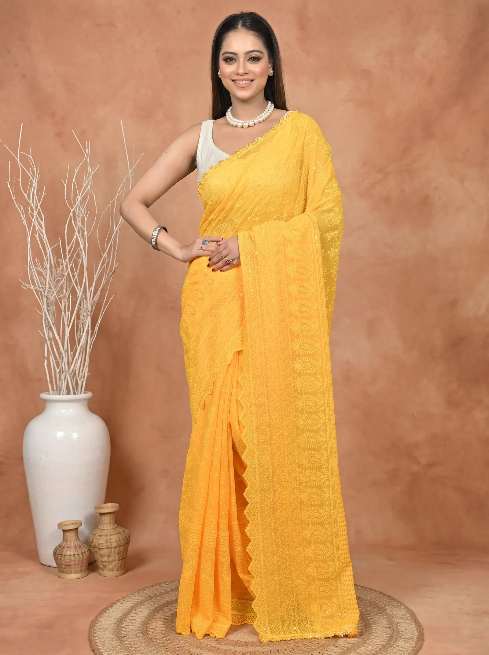 DipDiya Cotton Chikankari  Traditional Bengali Yellow Artisan Crafted Parmon Chikankari Saree