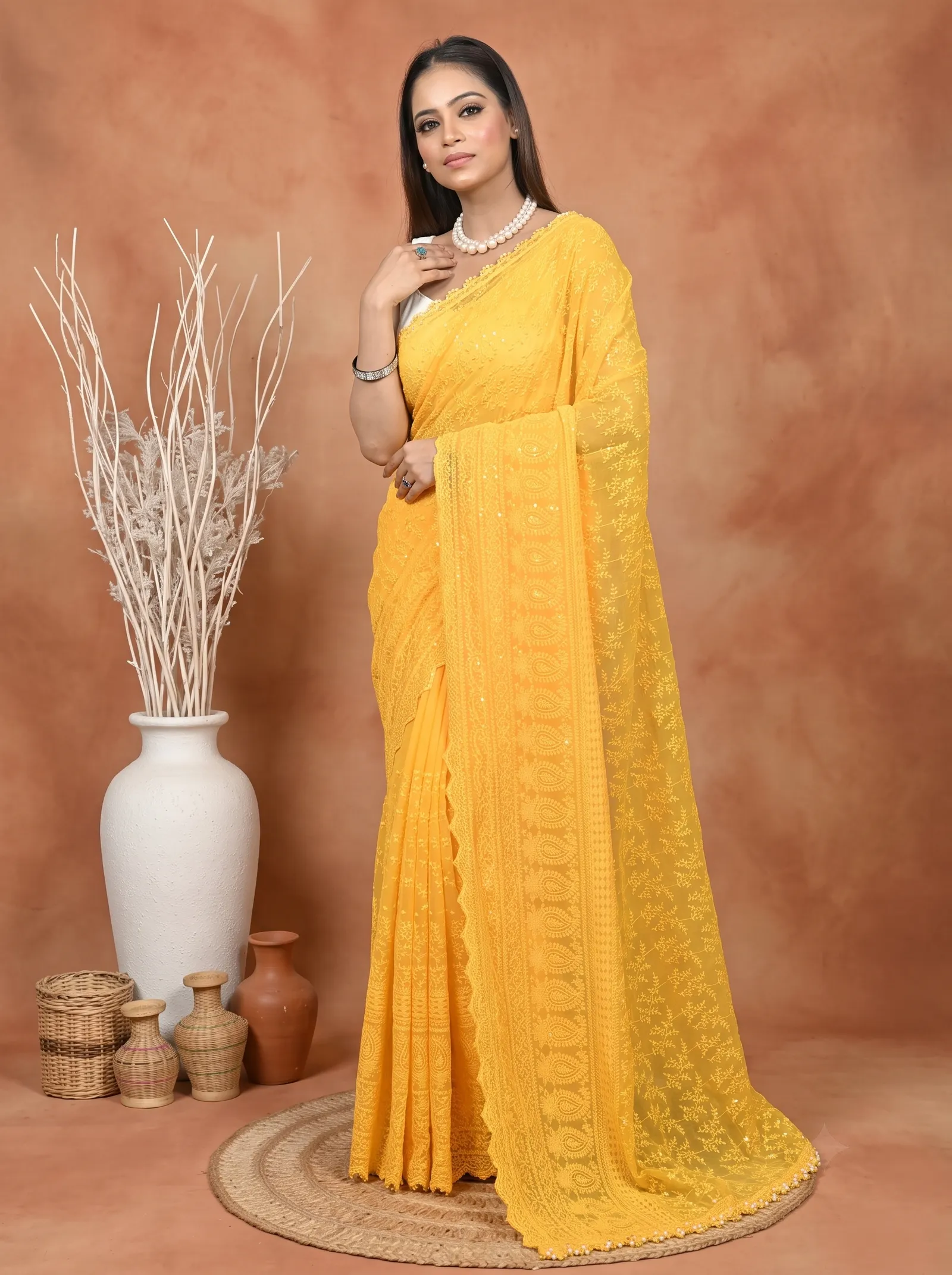 DipDiya Cotton Chikankari  Traditional Bengali Yellow Artisan Crafted Parmon Chikankari Saree