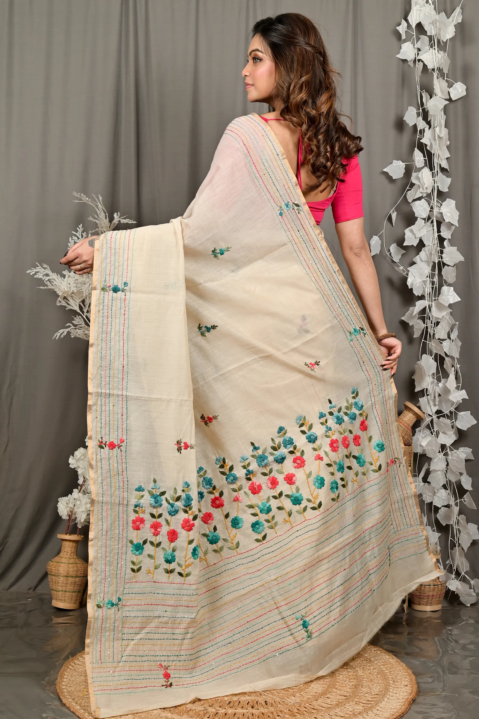 DipDiya Cotton Cream Varitikath A Legacy Woven Kantha Stitch Sarees