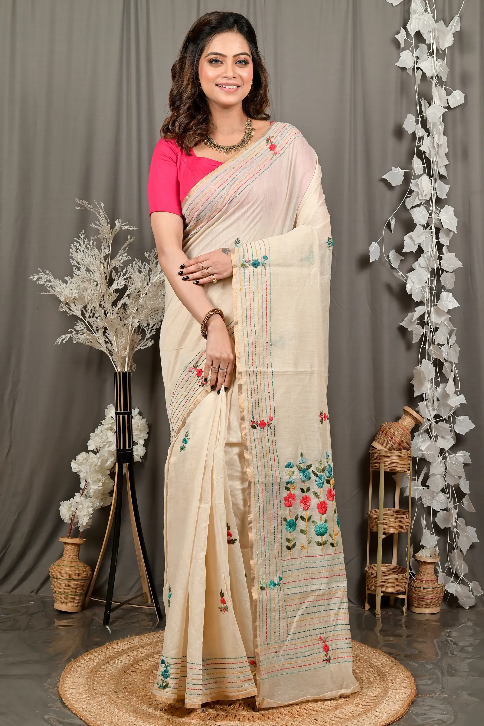 DipDiya Cotton Cream Varitikath A Legacy Woven Kantha Stitch Sarees