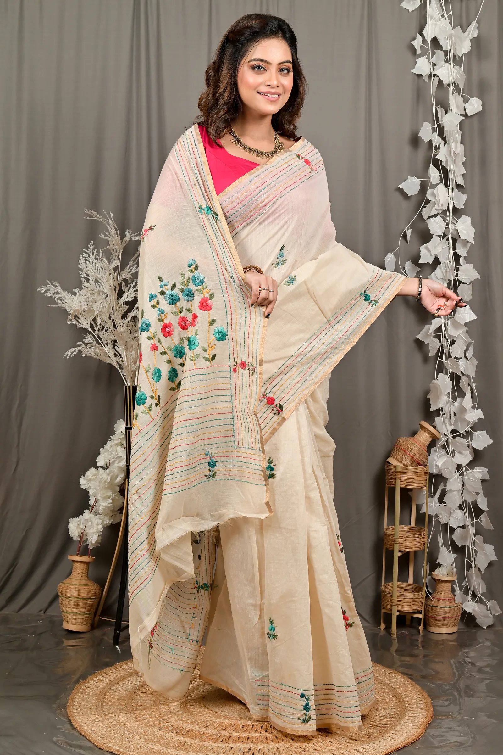 DipDiya Cotton Cream Varitikath A Legacy Woven Kantha Stitch Sarees