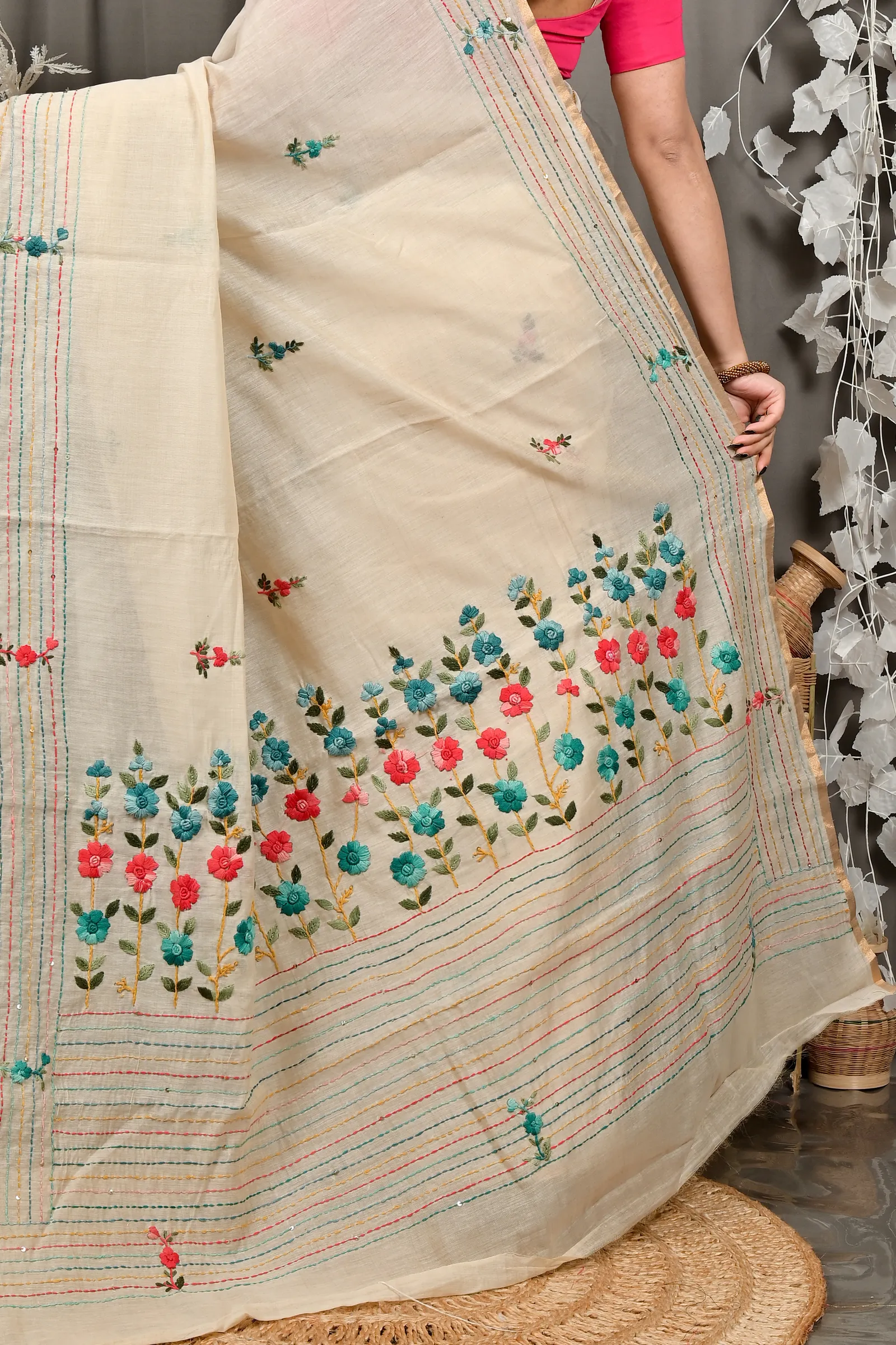 DipDiya Cotton Cream Varitikath A Legacy Woven Kantha Stitch Sarees