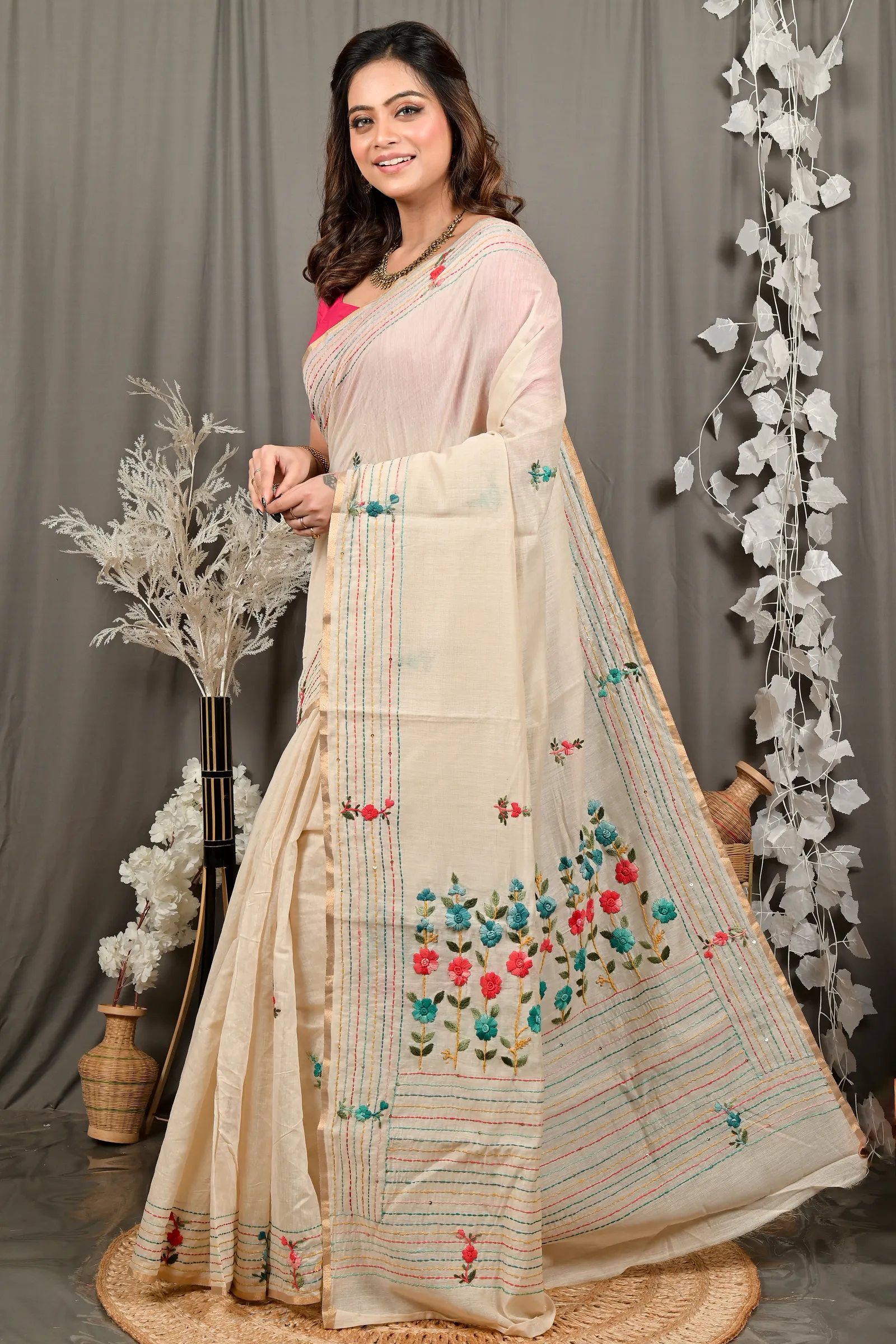 DipDiya Cotton Cream Varitikath A Legacy Woven Kantha Stitch Sarees