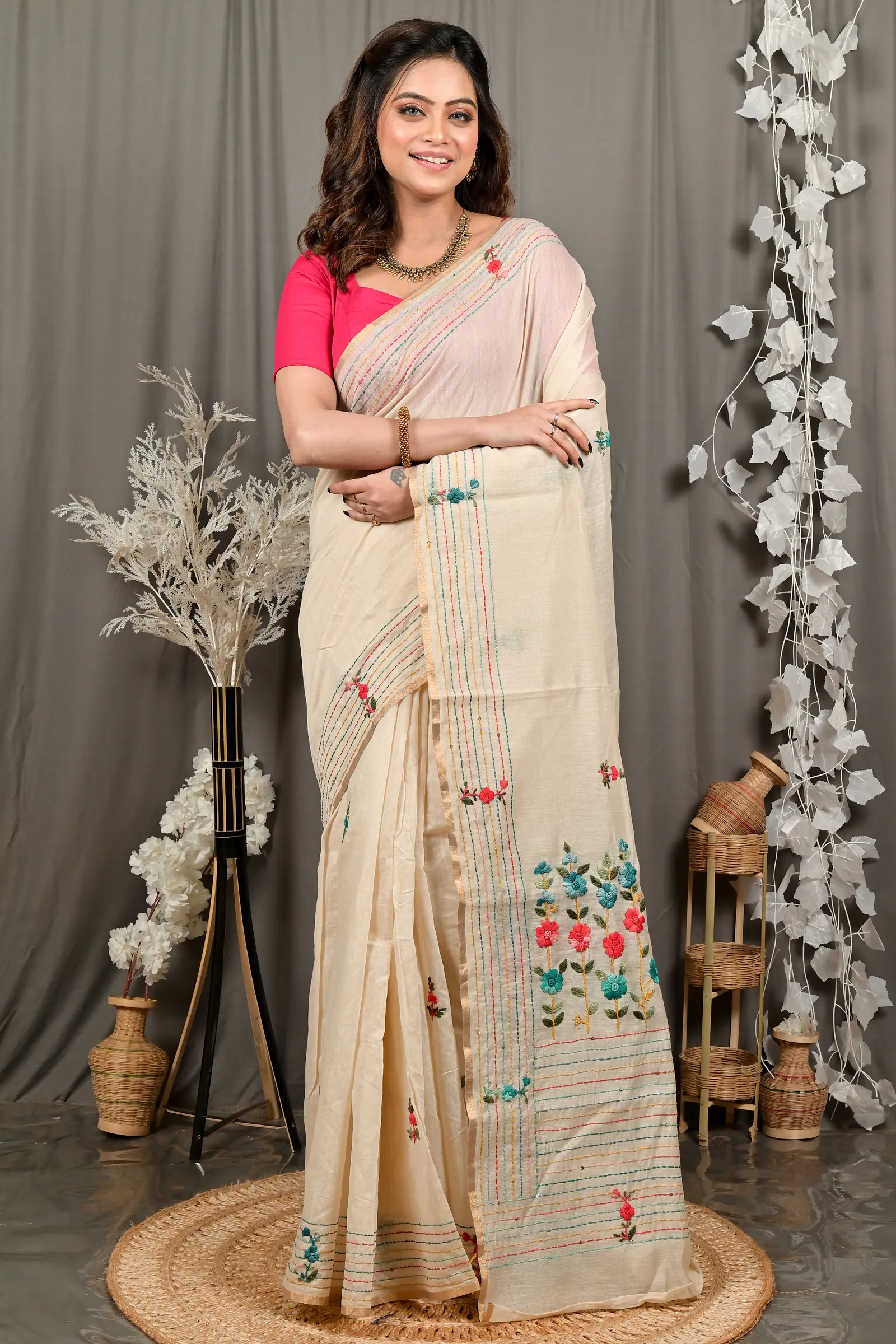 DipDiya Cotton Cream Varitikath A Legacy Woven Kantha Stitch Sarees