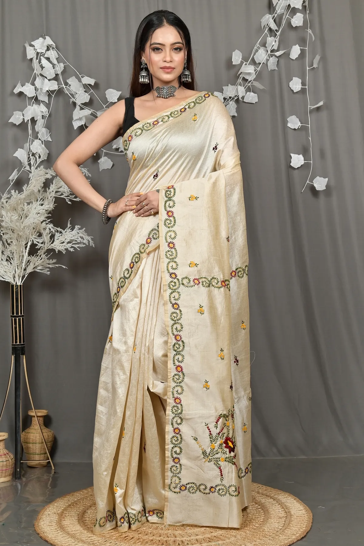 DipDiya Cotton Cream Varitikath Heritage of Bengali Kantha Stitch Sarees