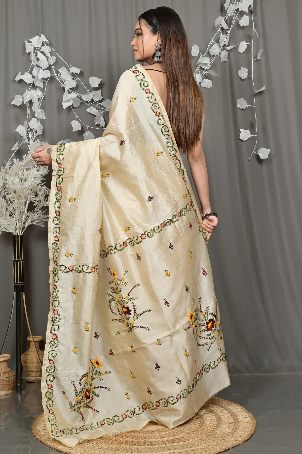 DipDiya Cotton Cream Varitikath Heritage of Bengali Kantha Stitch Sarees