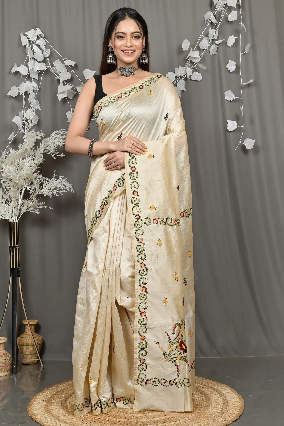 DipDiya Cotton Cream Varitikath Heritage of Bengali Kantha Stitch Sarees