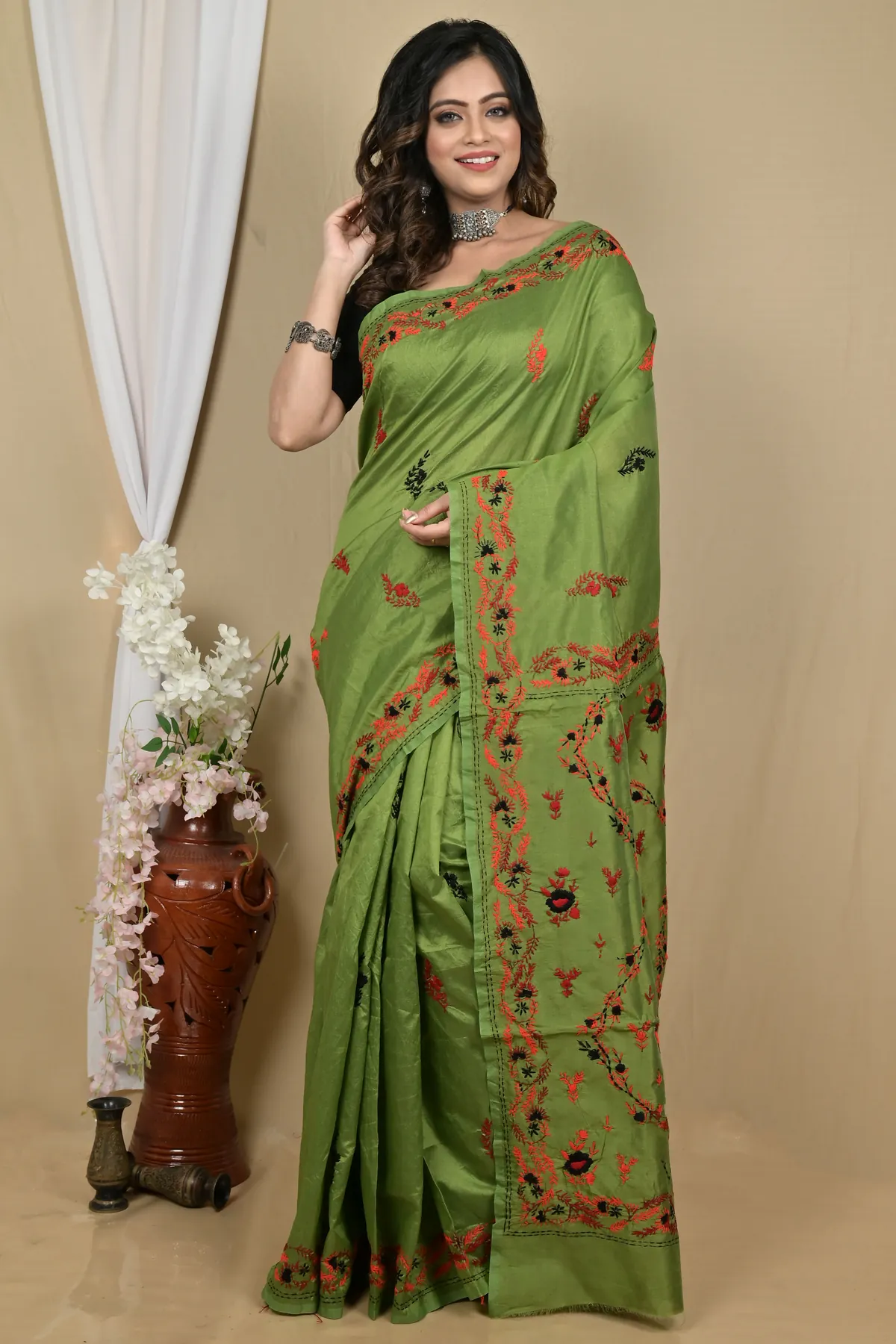 DipDiya Cotton Dark Green Piaja Timeless Elegance Kantha Stitch Sarees