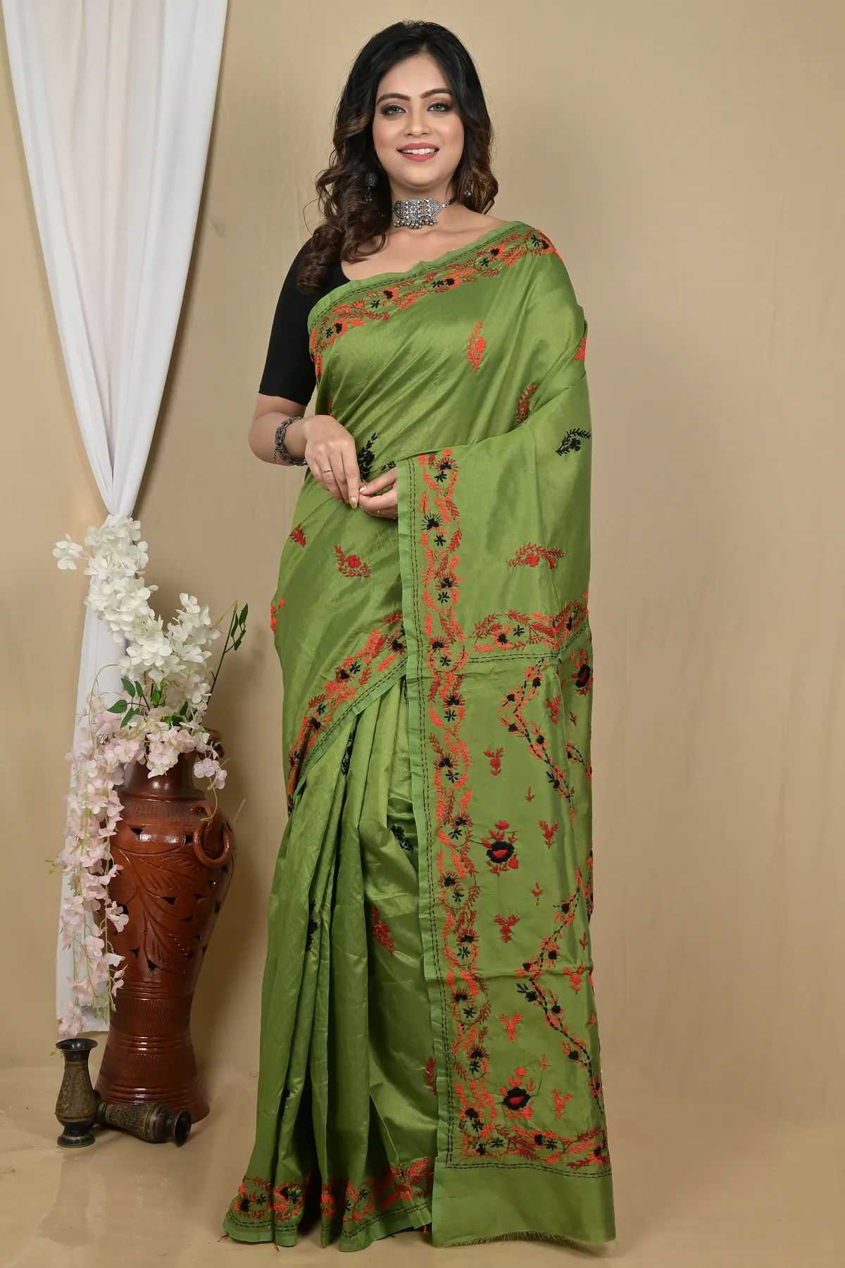 DipDiya Cotton Dark Green Piaja Timeless Elegance Kantha Stitch Sarees