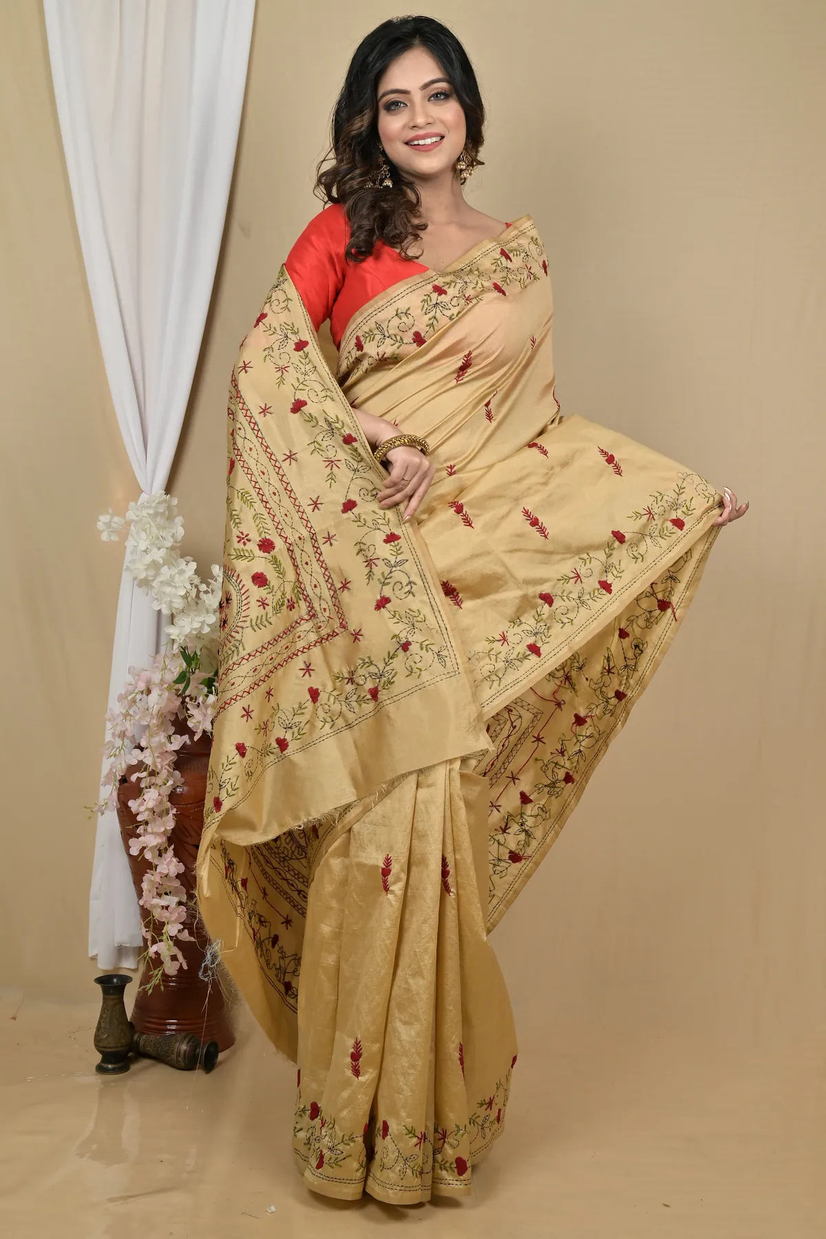 DipDiya Cotton Golden Piaja Traditional Elegance Kantha Stitch Sarees