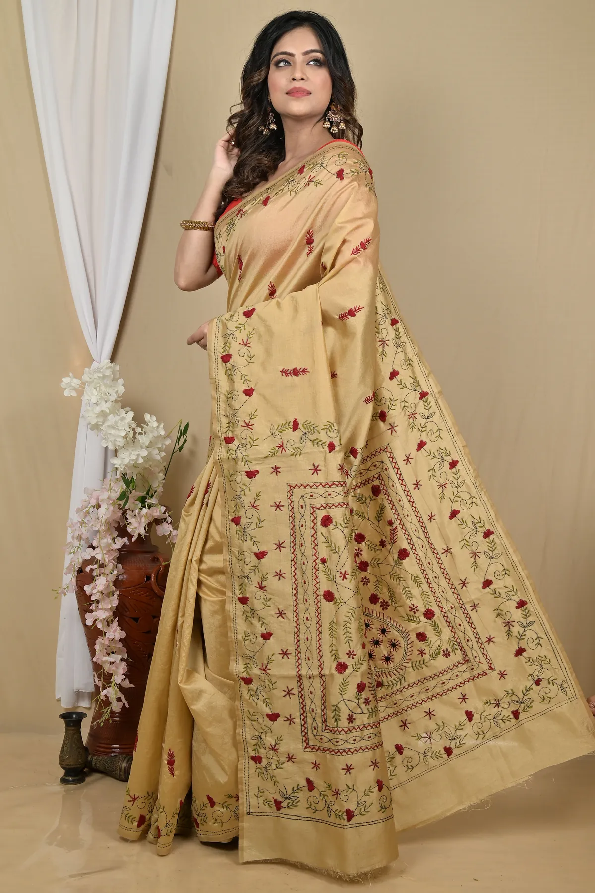 DipDiya Cotton Golden Piaja Traditional Elegance Kantha Stitch Sarees