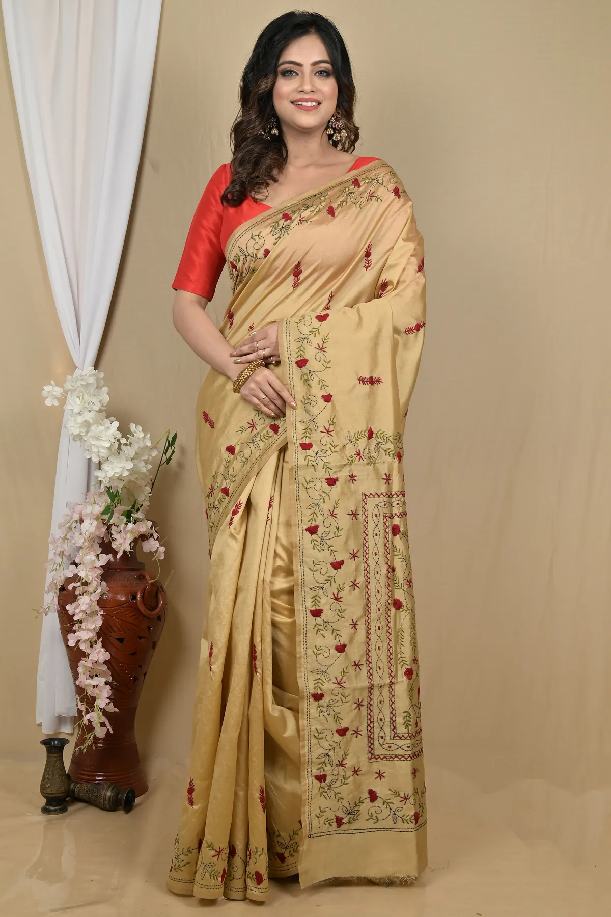 DipDiya Cotton Golden Piaja Traditional Elegance Kantha Stitch Sarees