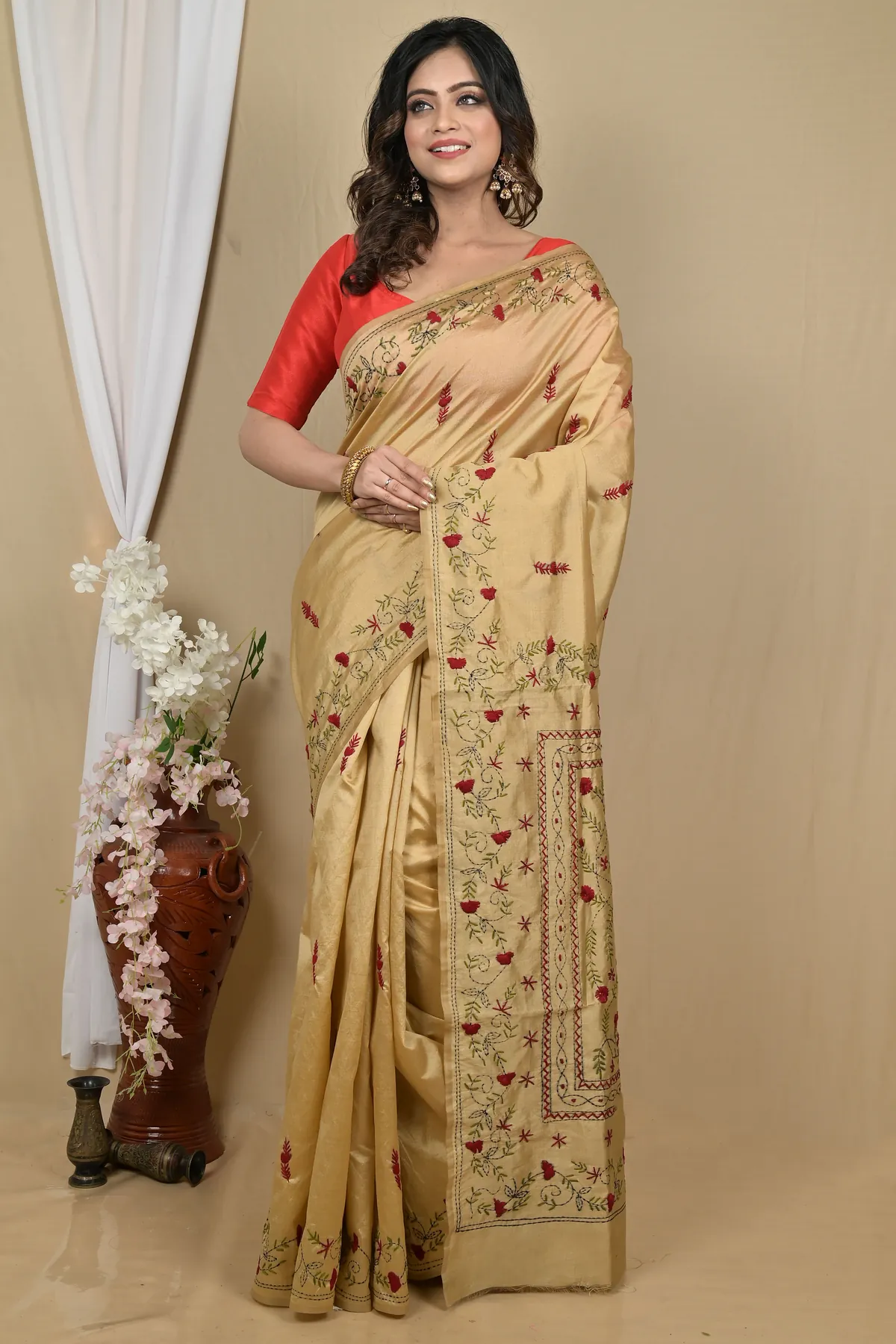 DipDiya Cotton Golden Piaja Traditional Elegance Kantha Stitch Sarees