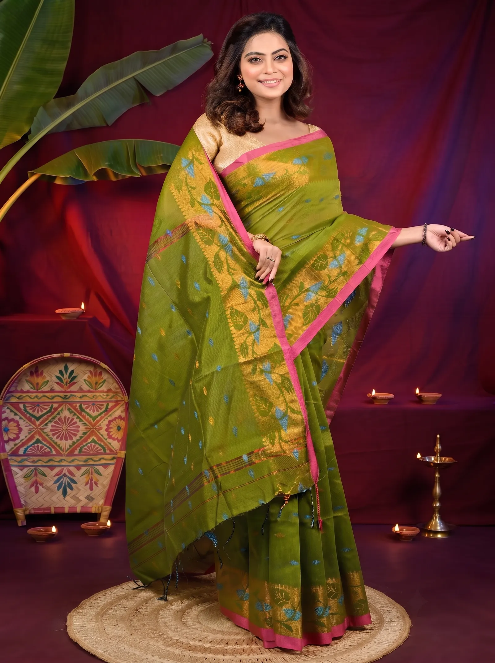 DipDiya Cotton Green Dipani Regal Bengali Handloom Sarees