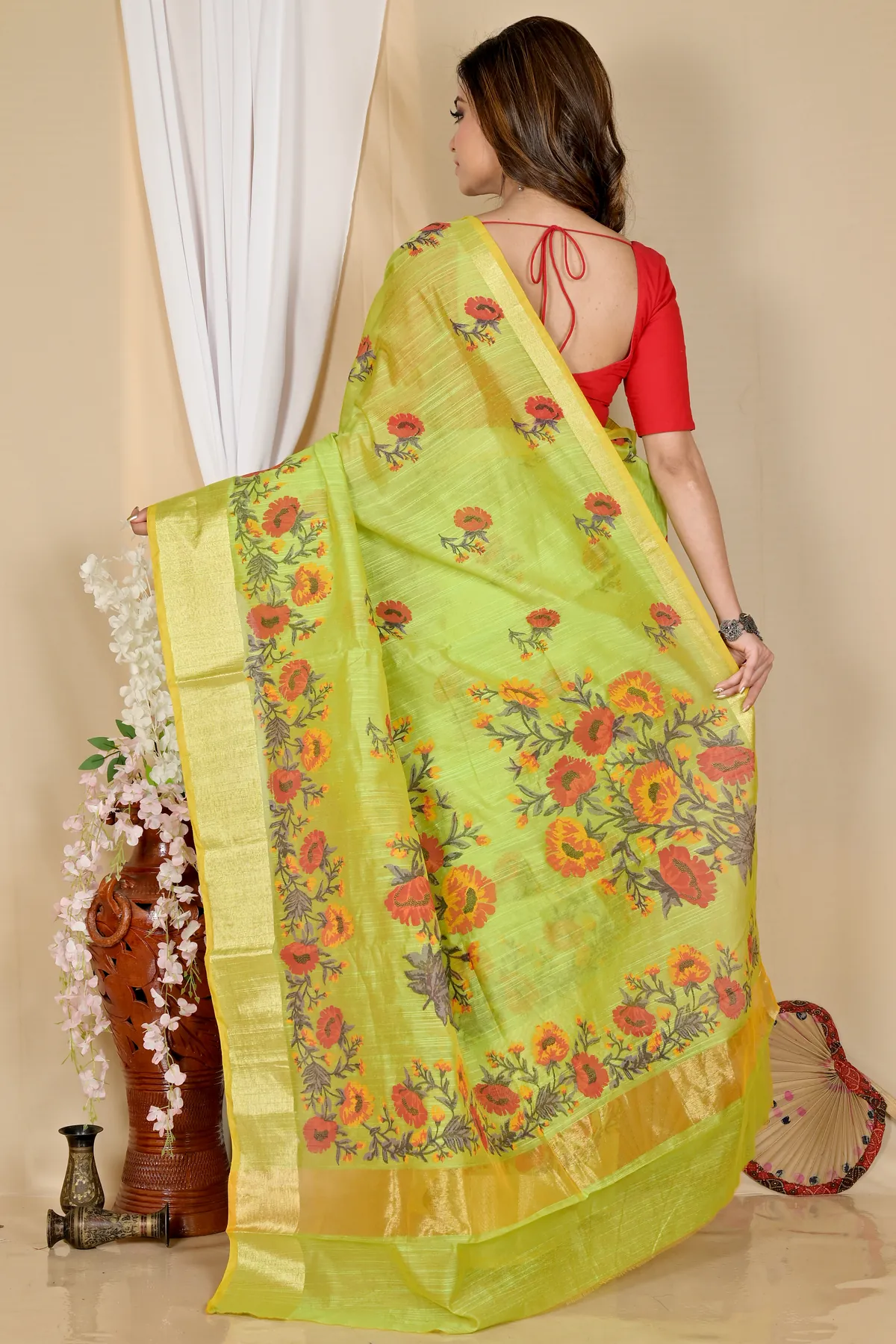 DipDiya Cotton Green Narme Pure Bengali Grace Printed Handloom Sarees