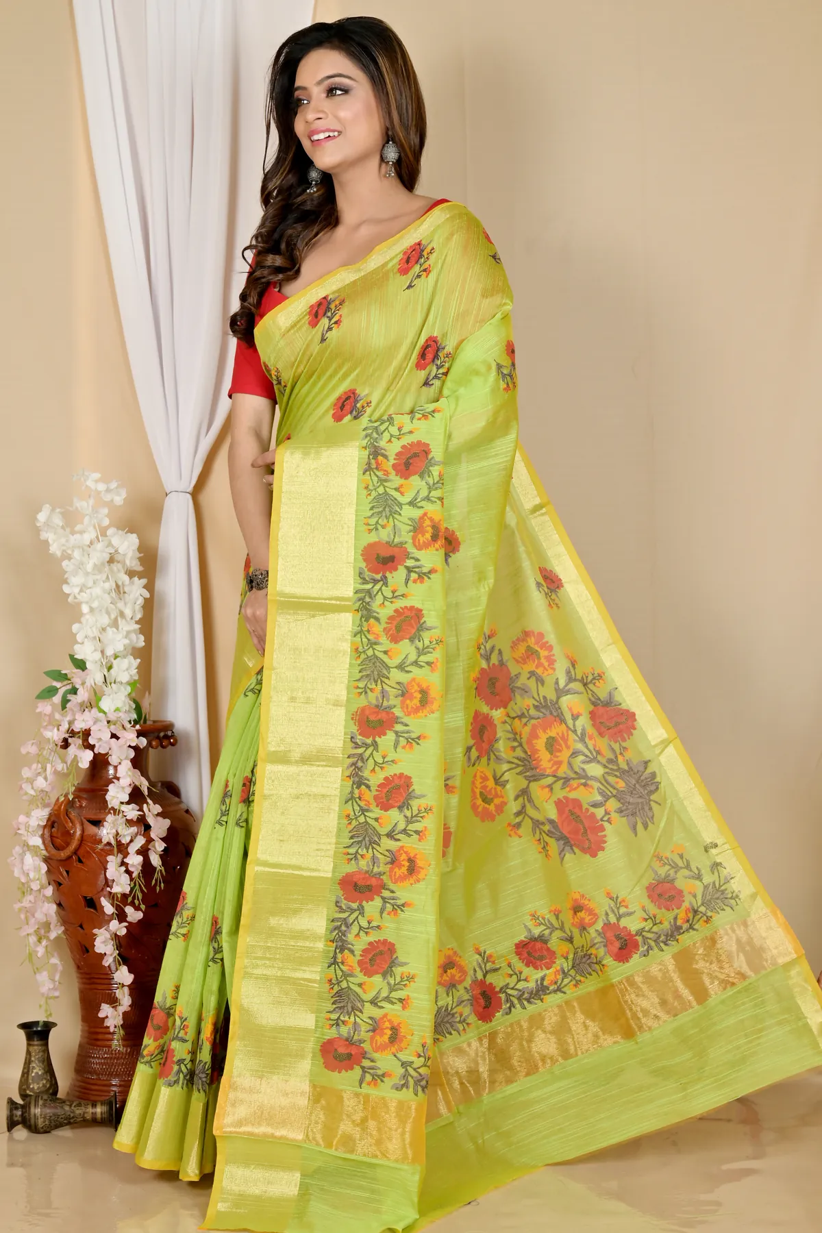 DipDiya Cotton Green Narme Pure Bengali Grace Printed Handloom Sarees