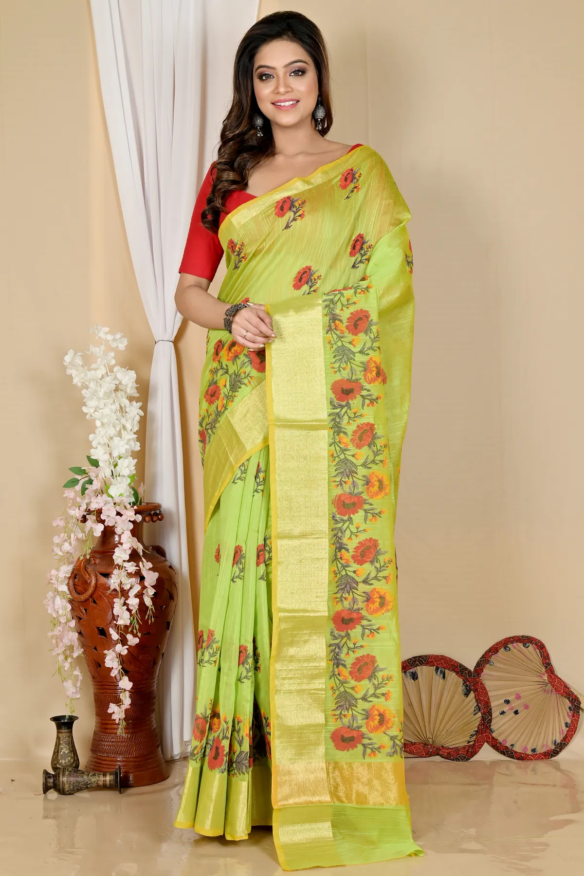 DipDiya Cotton Green Narme Pure Bengali Grace Printed Handloom Sarees