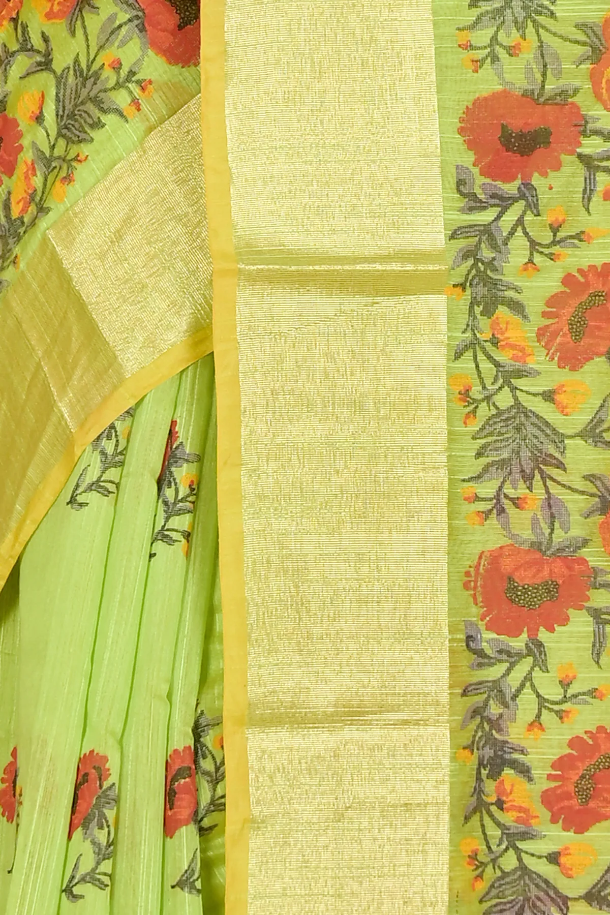 DipDiya Cotton Green Narme Pure Bengali Grace Printed Handloom Sarees