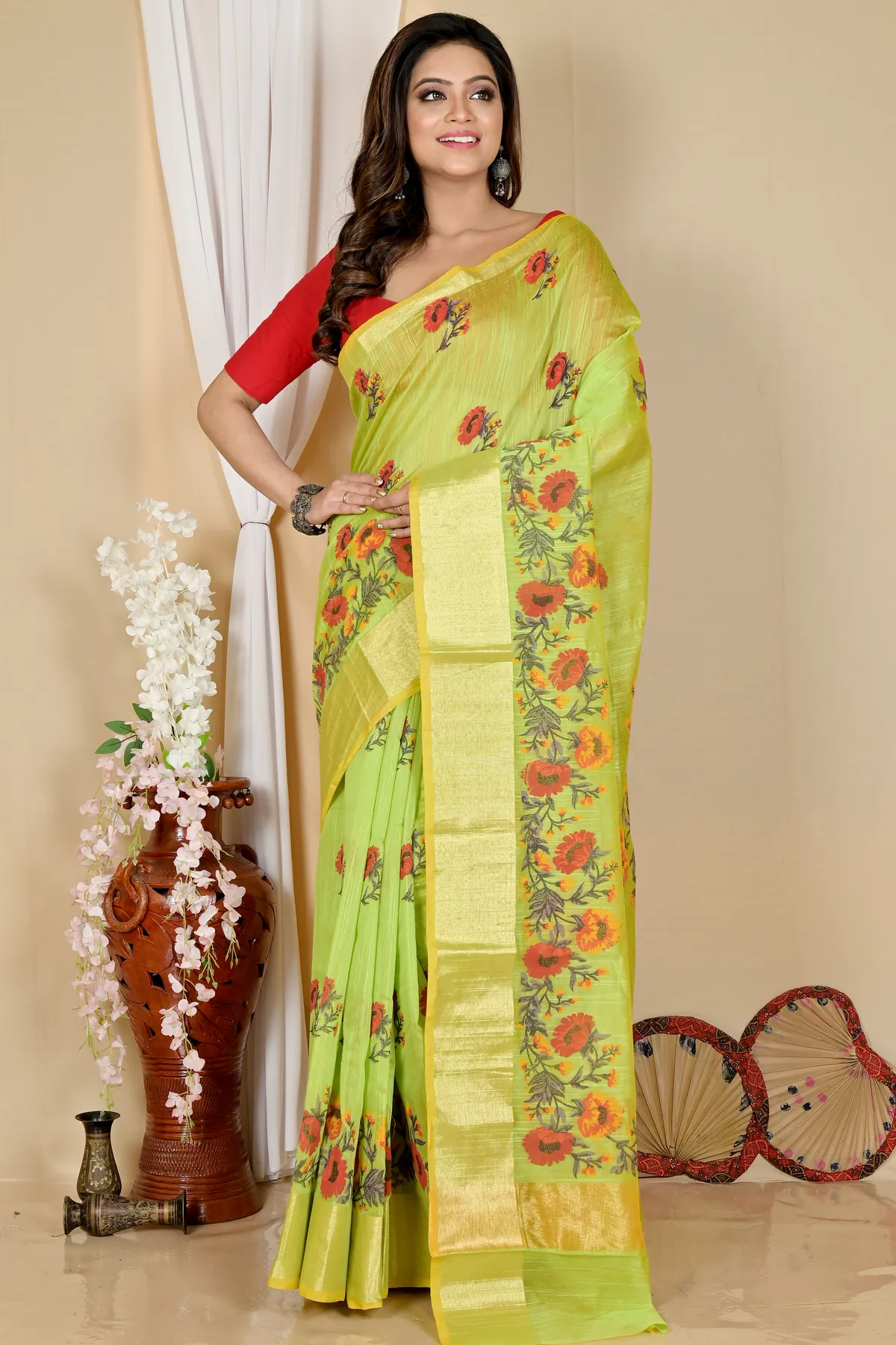 DipDiya Cotton Green Narme Pure Bengali Grace Printed Handloom Sarees
