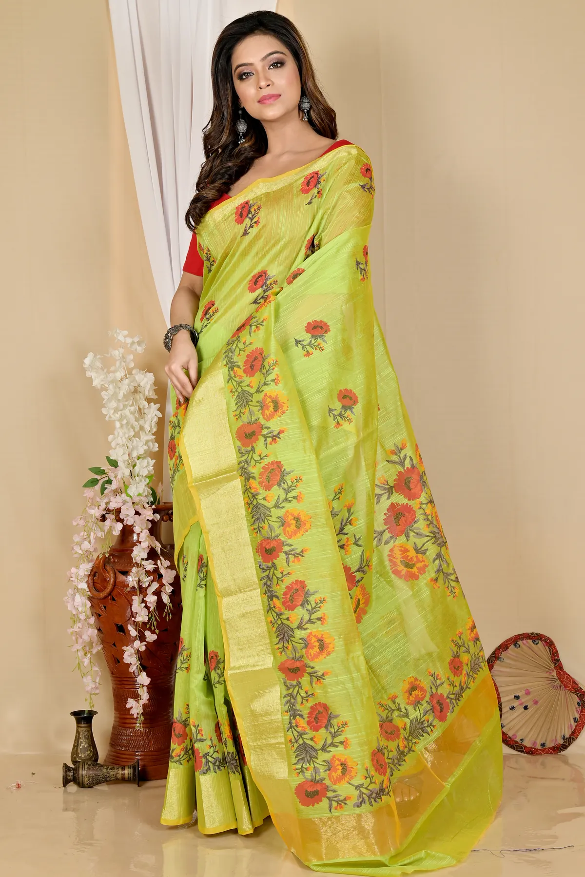 DipDiya Cotton Green Narme Pure Bengali Grace Printed Handloom Sarees