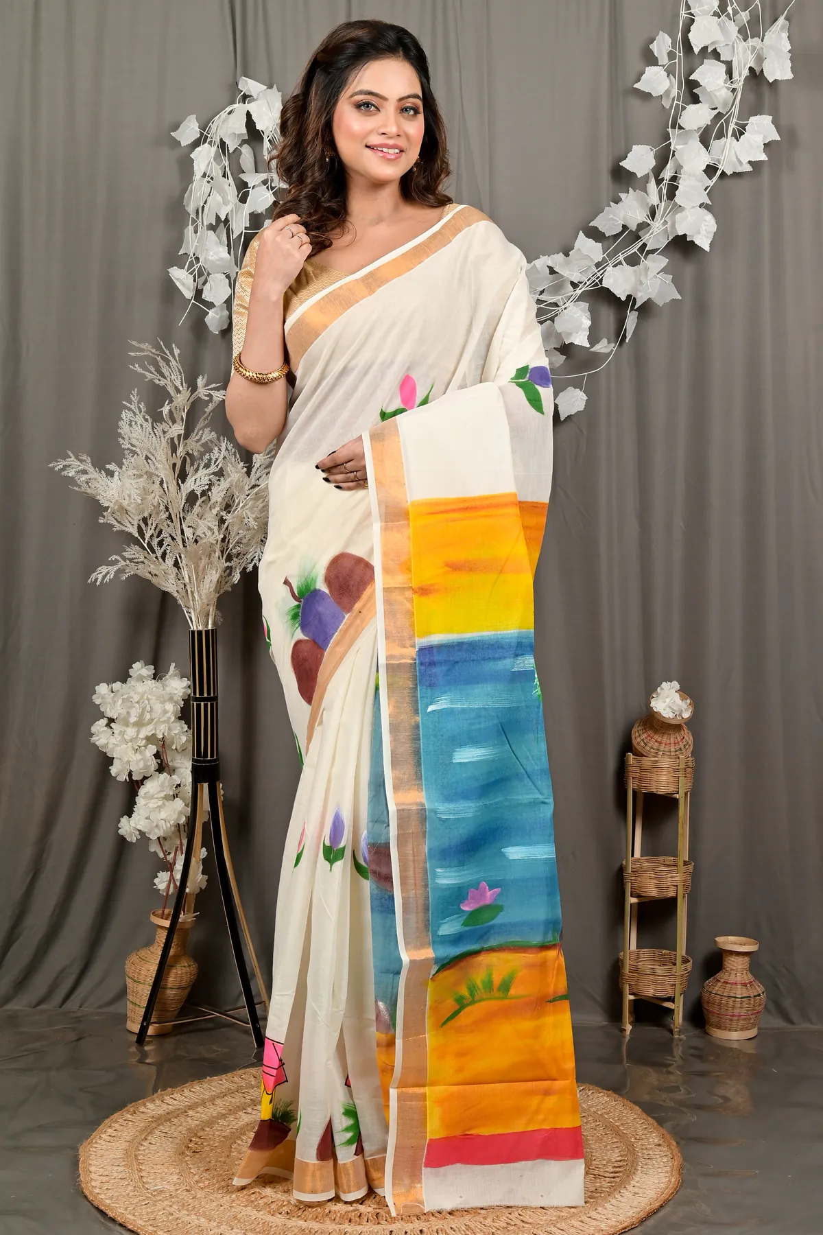 DipDiya Cotton Multi Color Hataka Artisan Woven Hand Painted Sarees