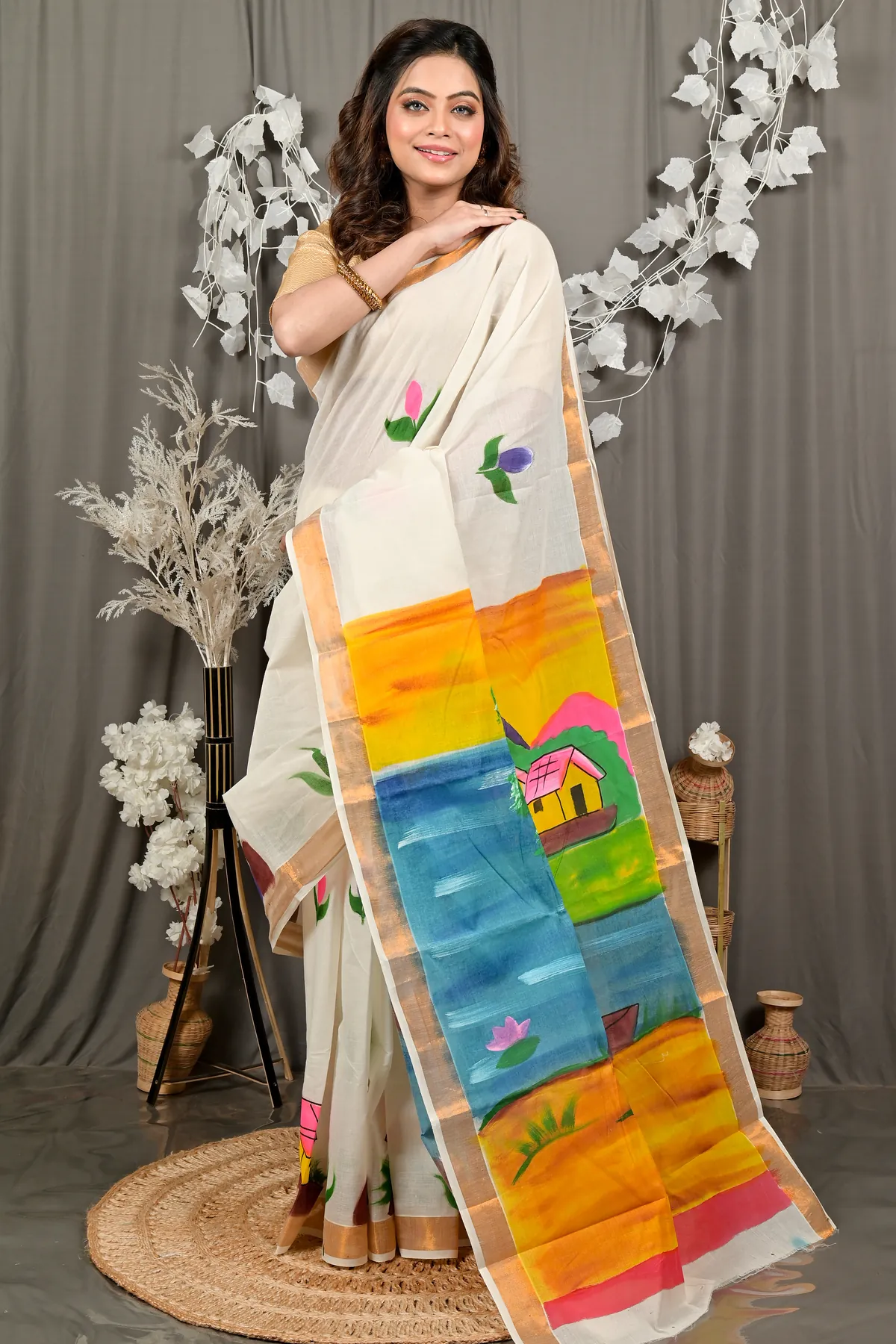 DipDiya Cotton Multi Color Hataka Artisan Woven Hand Painted Sarees