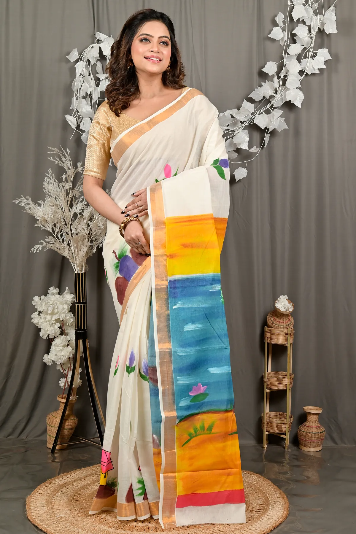 DipDiya Cotton Multi Color Hataka Artisan Woven Hand Painted Sarees