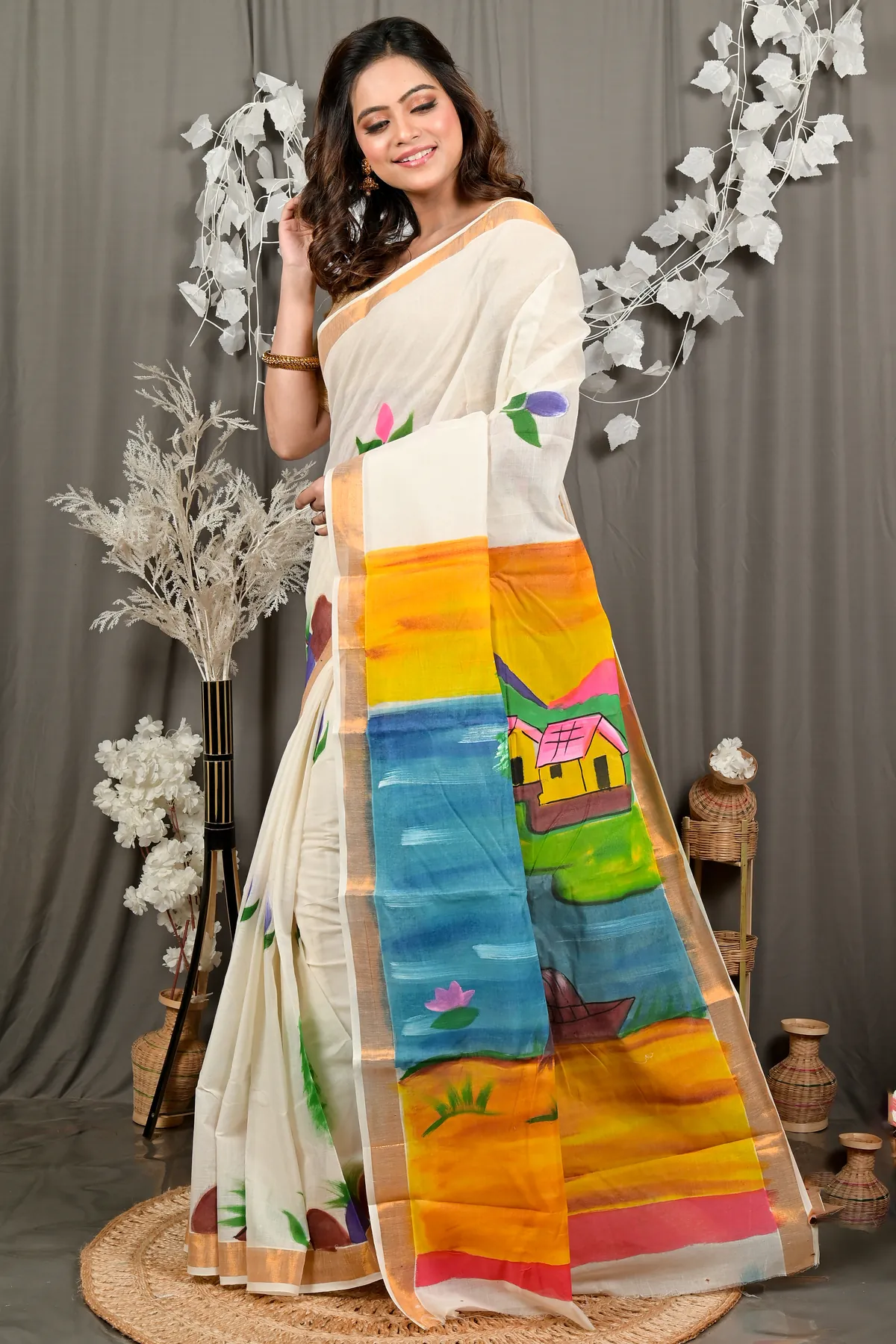 DipDiya Cotton Multi Color Hataka Artisan Woven Hand Painted Sarees