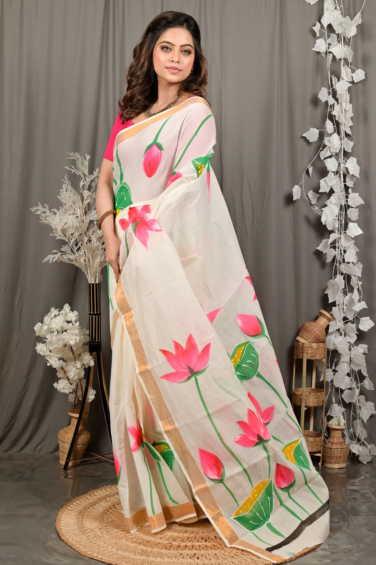 DipDiya Cotton Multi Color Hataka Classic Bengali Hand Painted Sarees