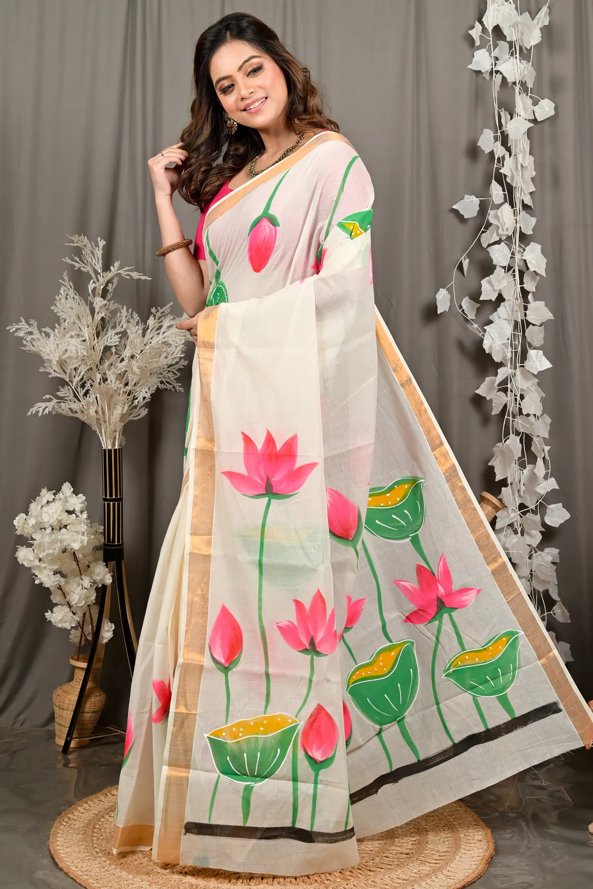 DipDiya Cotton Multi Color Hataka Classic Bengali Hand Painted Sarees