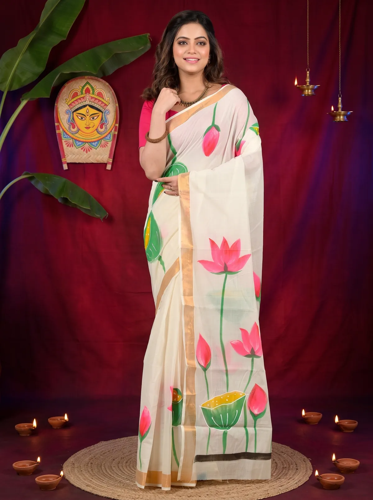 DipDiya Cotton Multi Color Hataka Classic Bengali Hand Painted Sarees