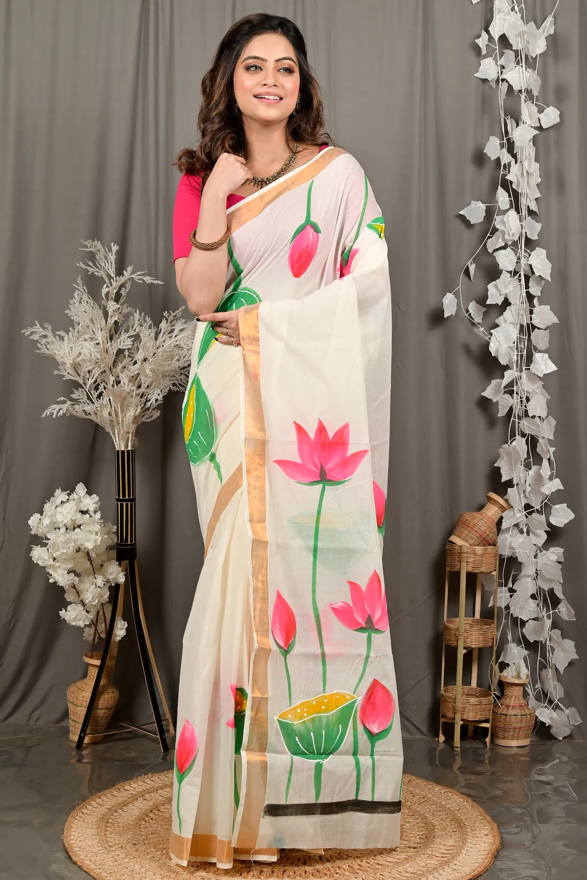 DipDiya Cotton Multi Color Hataka Classic Bengali Hand Painted Sarees