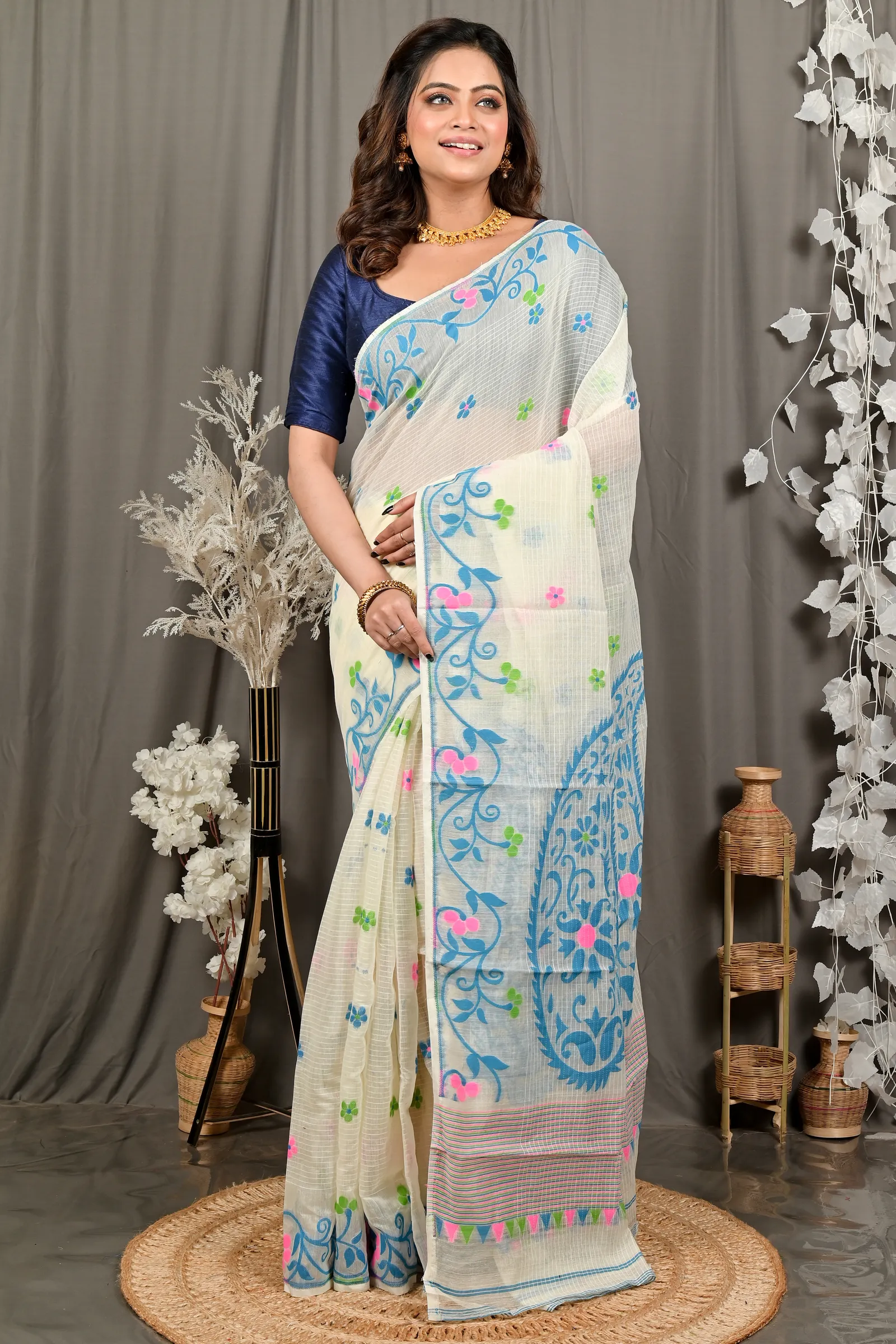 DipDiya Cotton Off White Blue Fivani Bengal’s Tradition Jamdani Sarees