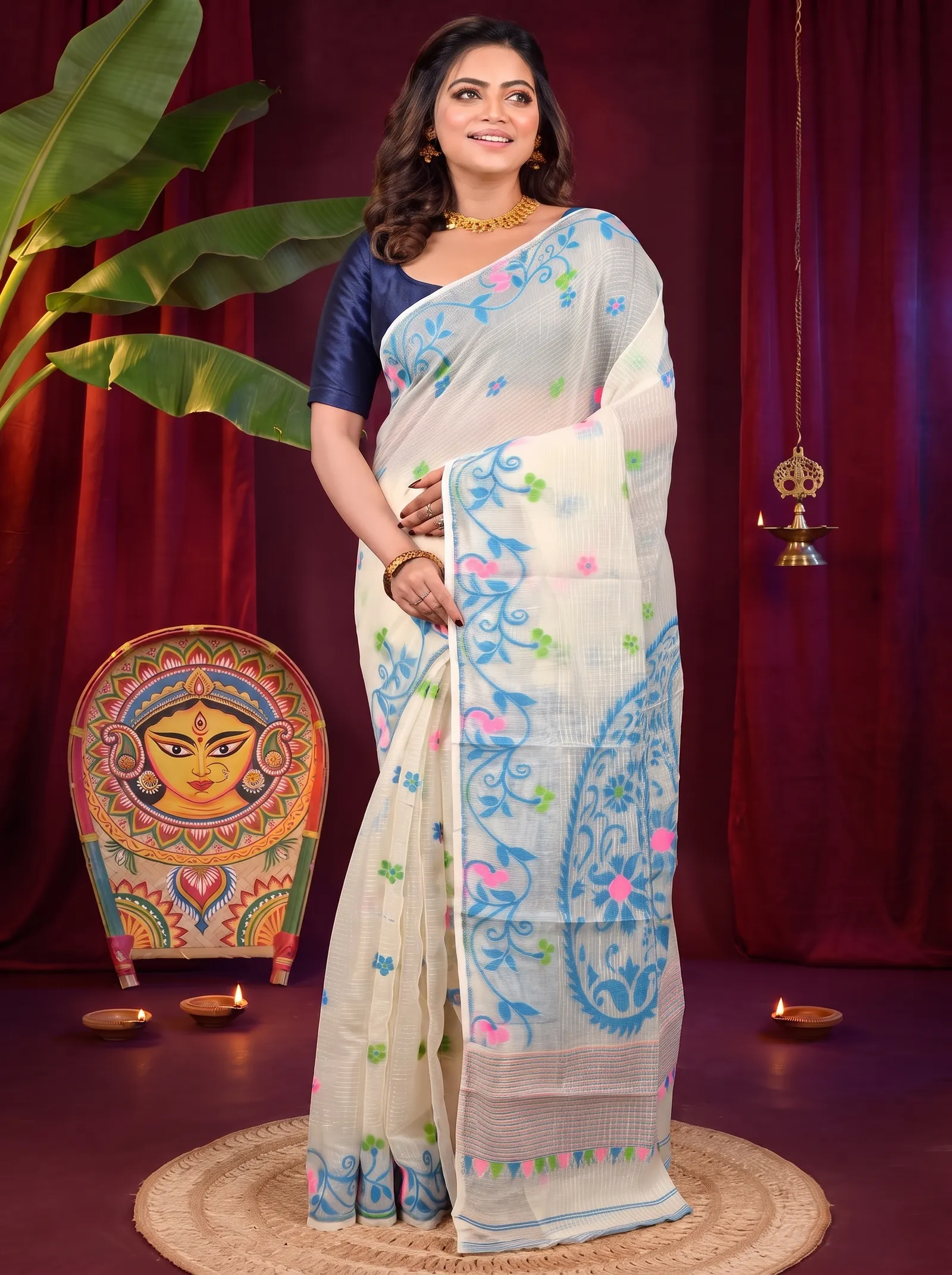 DipDiya Cotton Off White Blue Fivani Bengal’s Tradition Jamdani Sarees
