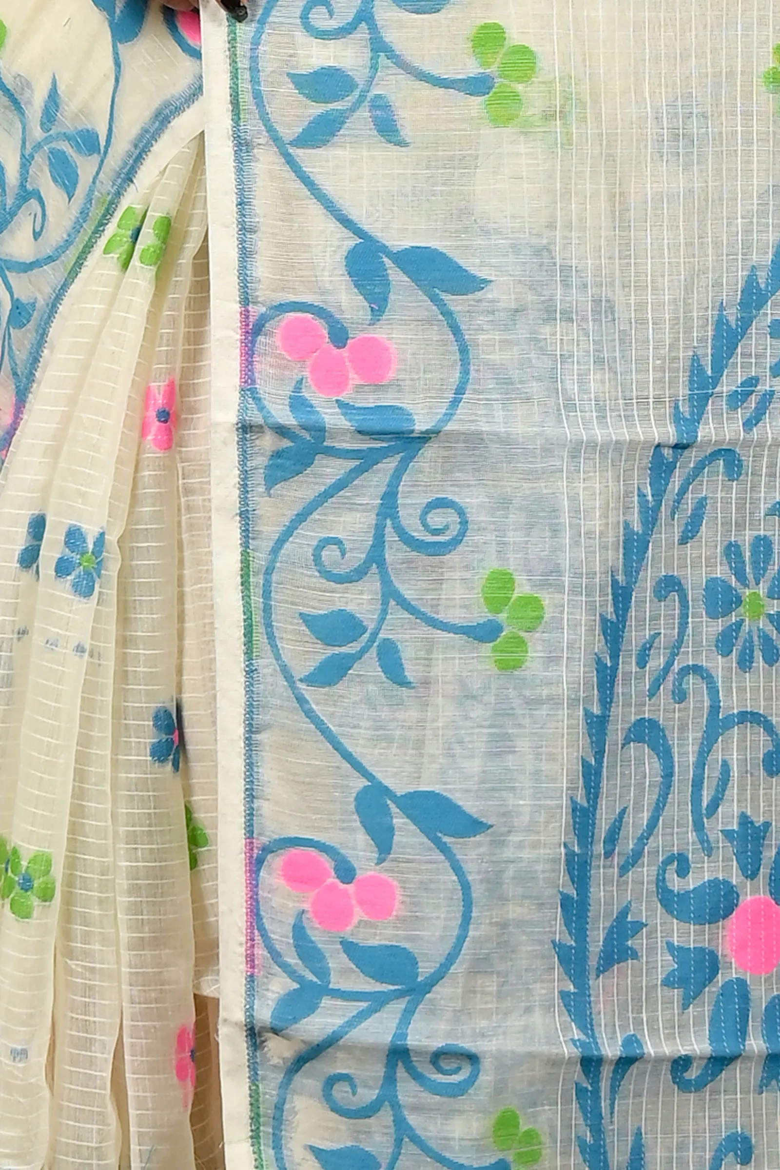 DipDiya Cotton Off White Blue Fivani Bengal’s Tradition Jamdani Sarees
