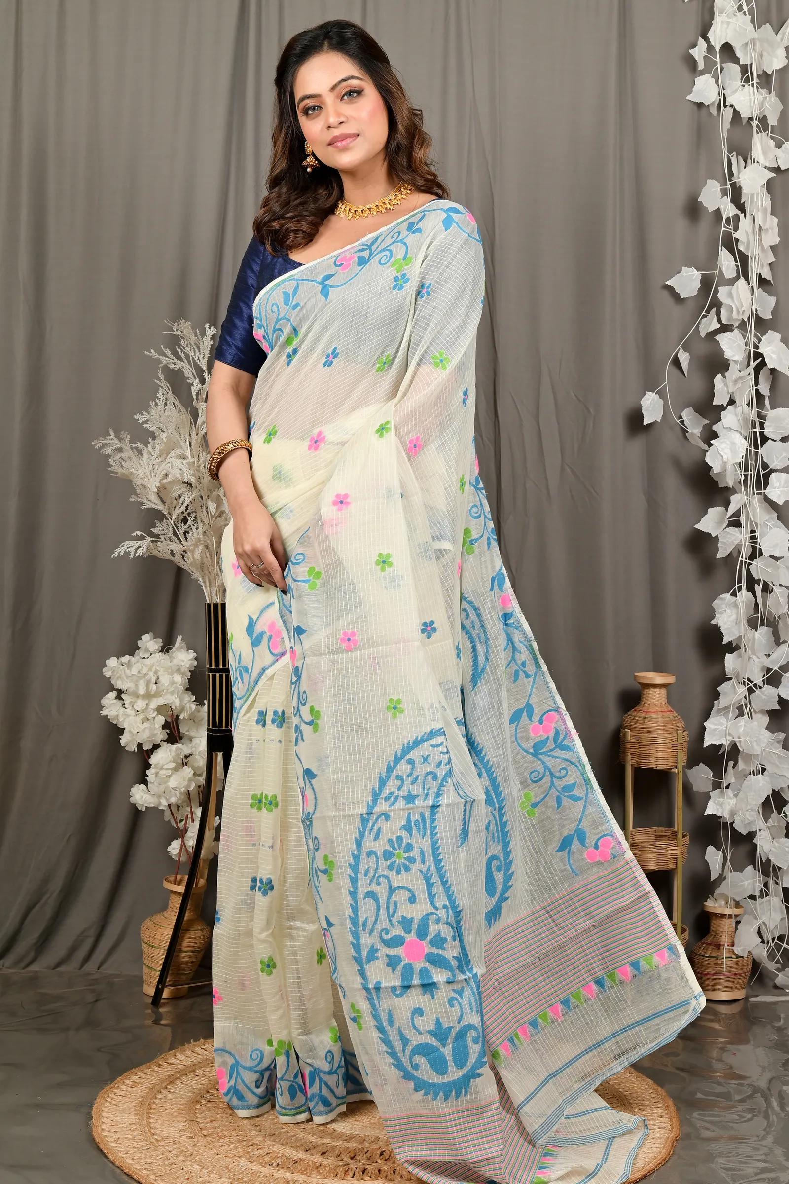 DipDiya Cotton Off White Blue Fivani Bengal’s Tradition Jamdani Sarees