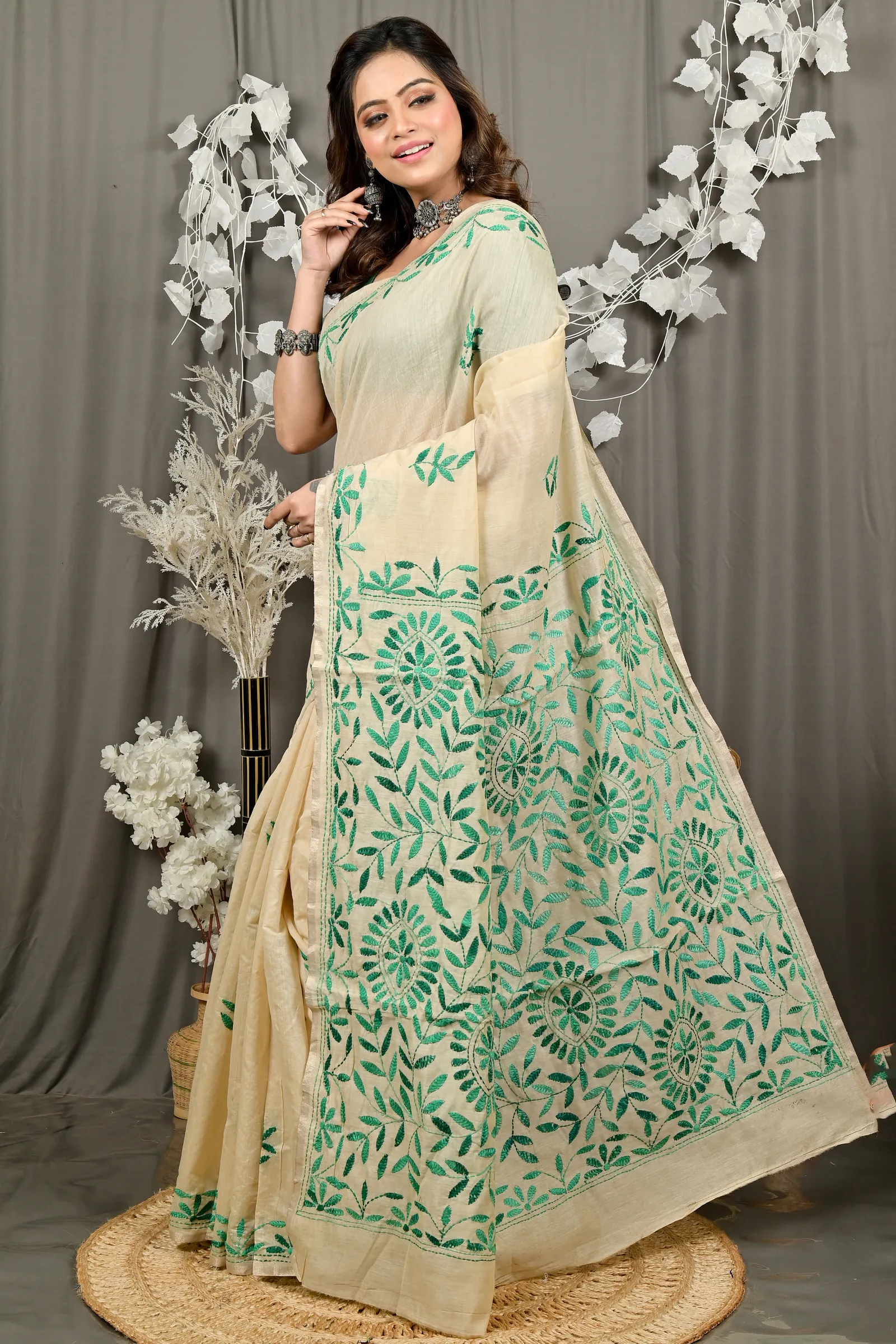 DipDiya Cotton Off White Green Varitikath Woven with Love Kantha Stitch Sarees