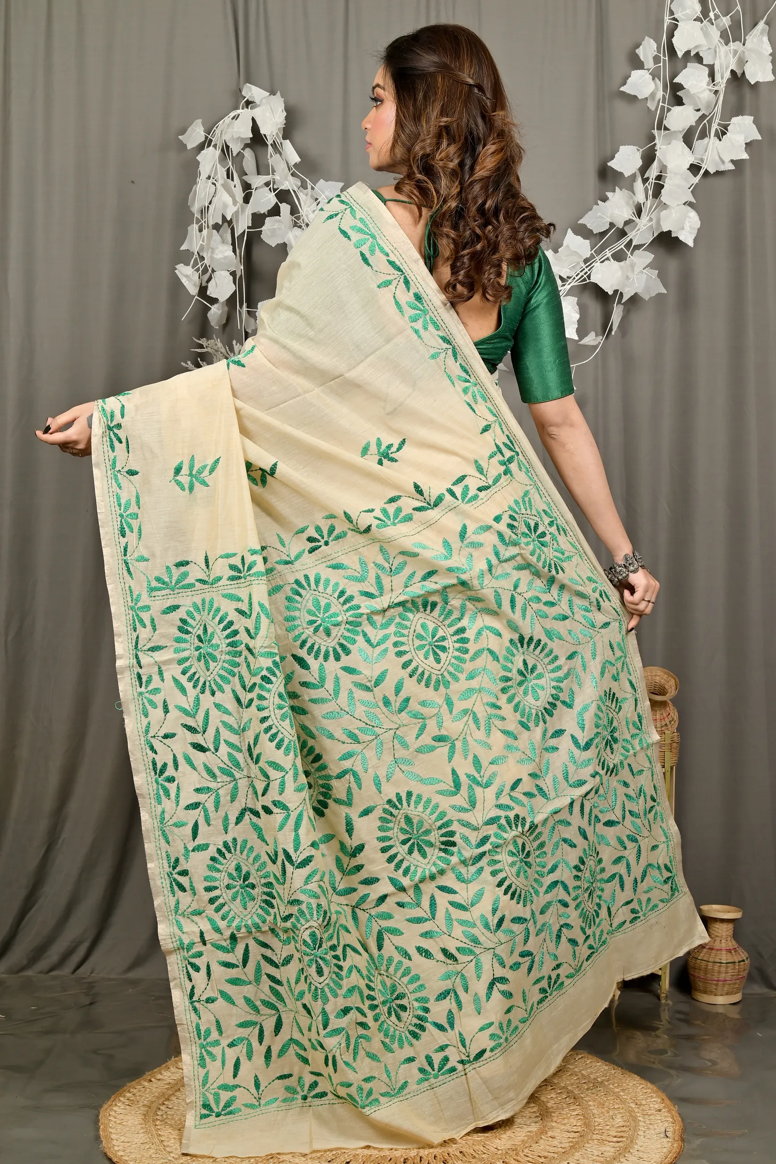 DipDiya Cotton Off White Green Varitikath Woven with Love Kantha Stitch Sarees